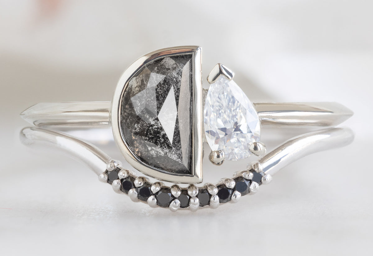 The You & Me Ring with a Black Half-Moon + Pear-Cut White Diamond