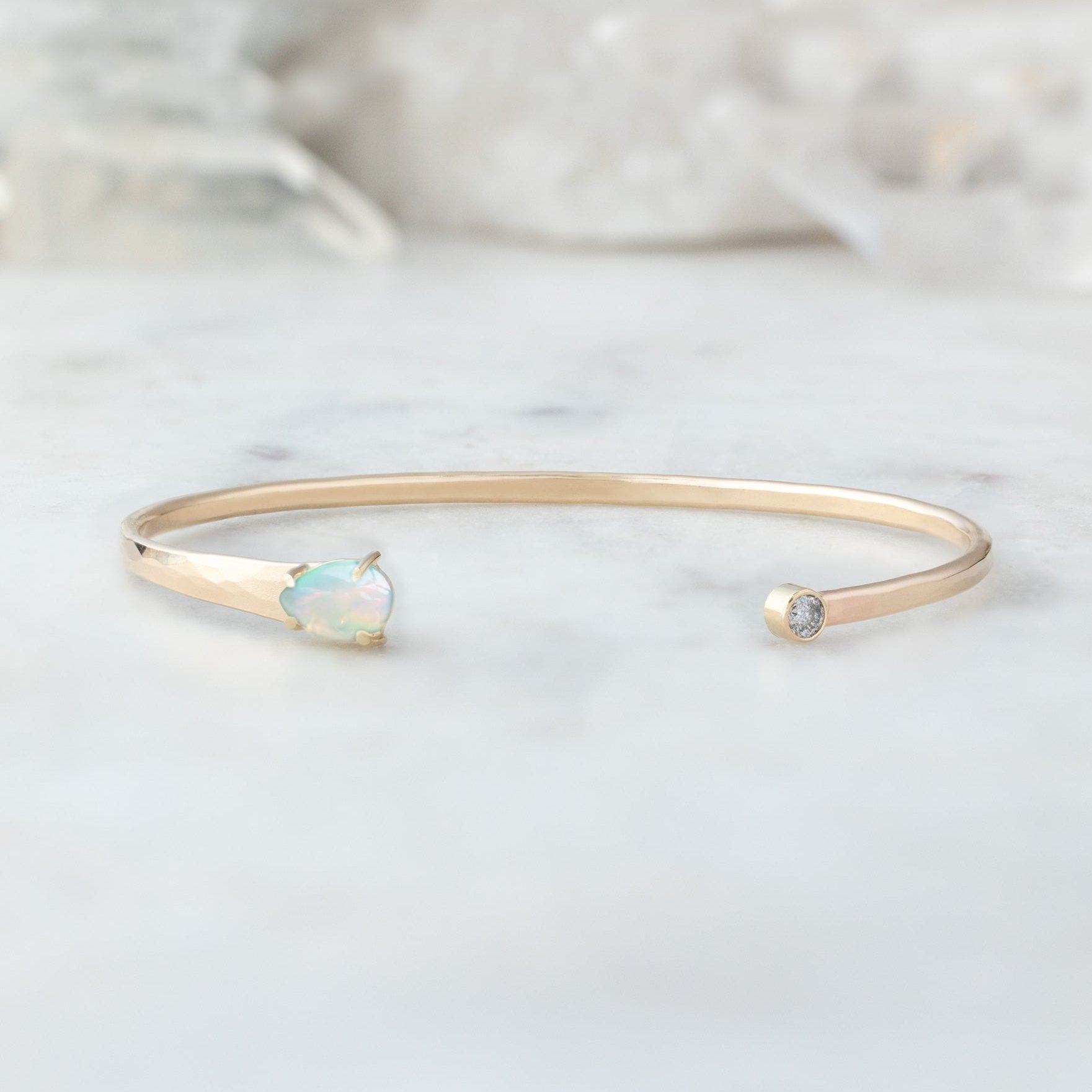 The Opal + Diamond Cuff Bracelet in Yellow Gold Filled on White Marble