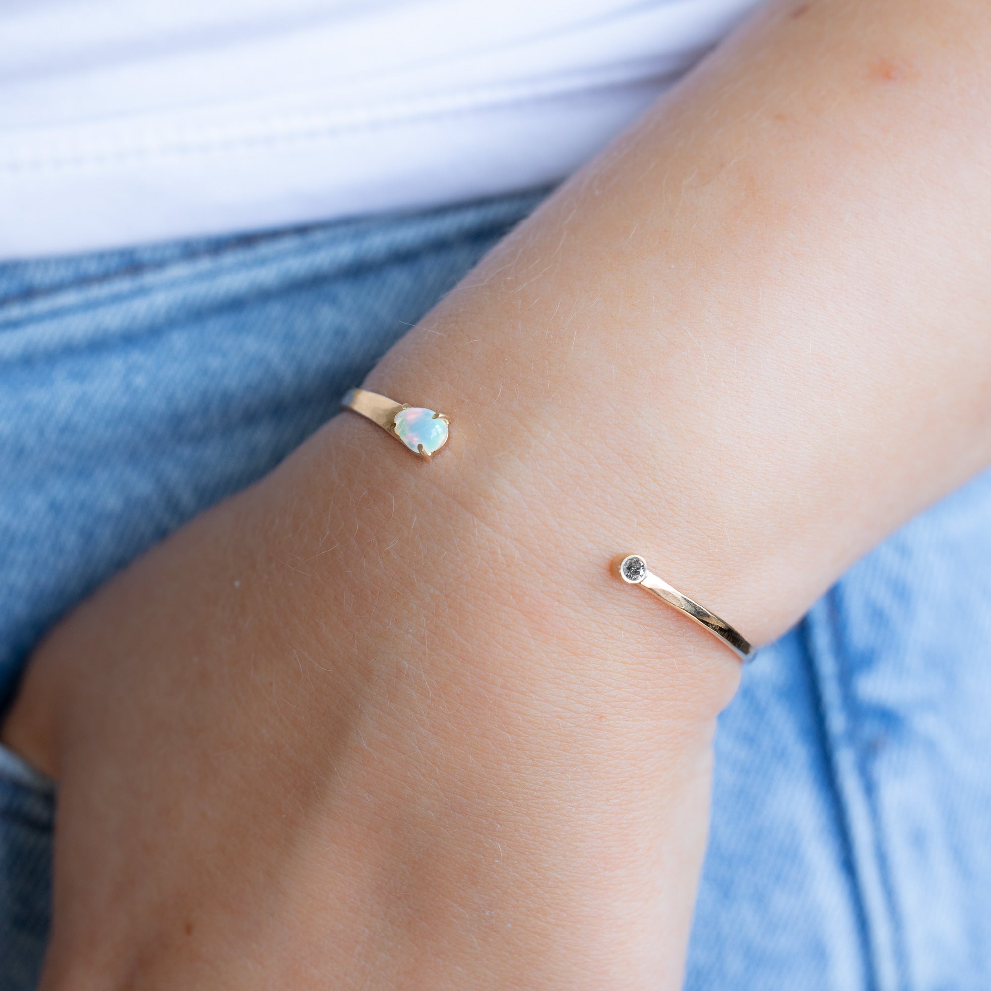 The Opal + Diamond Cuff Bracelet in Yellow Gold Filled on Model