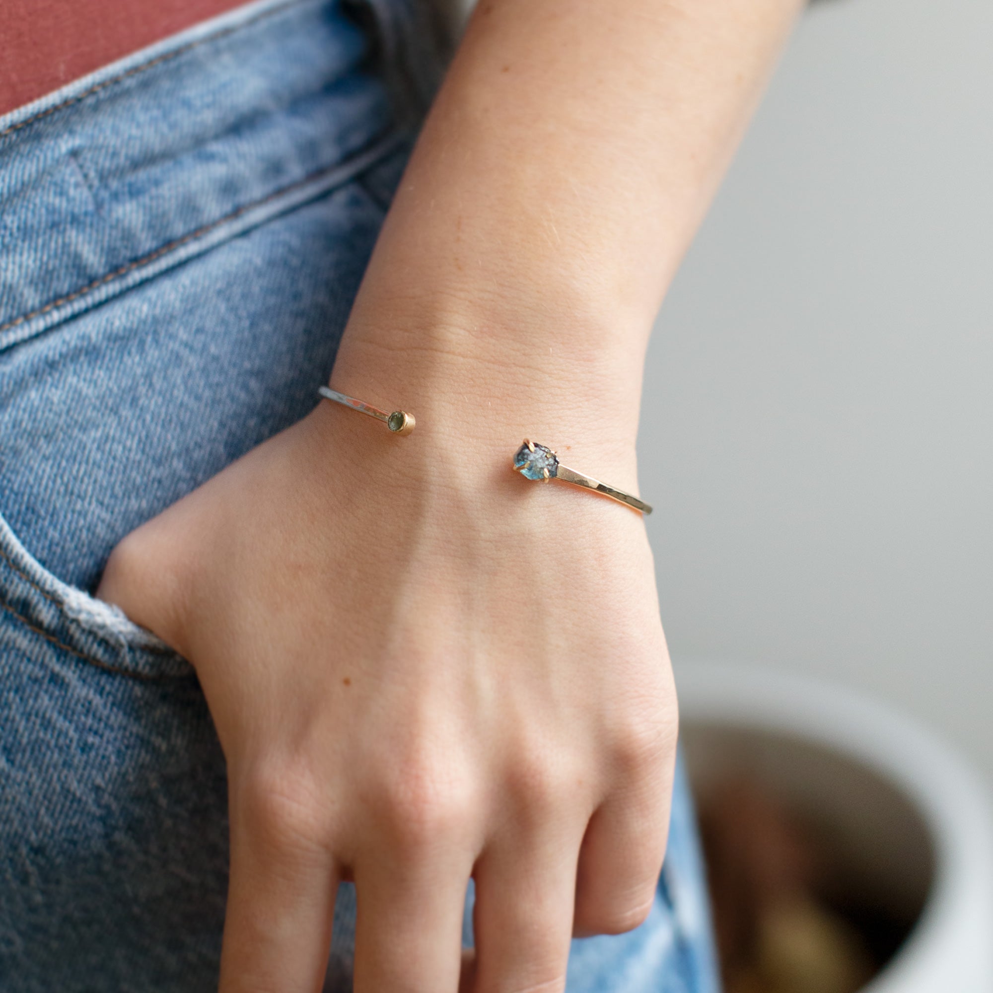 The Raw Montana Sapphire Cuff Bracelet in Yellow Gold Filled on Model