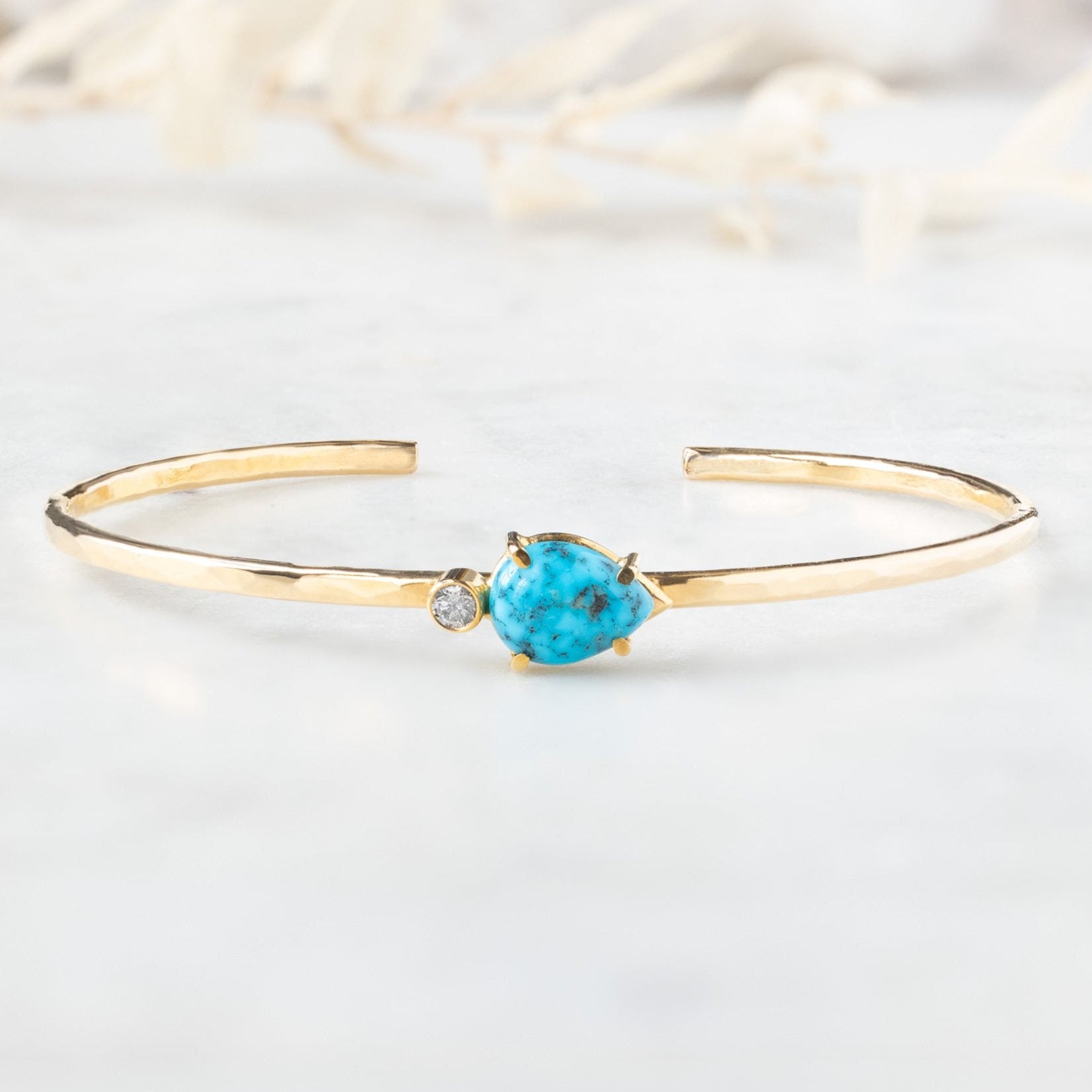 The Asymmetrical Turquoise + Diamond Cuff Bracelet | Yellow Gold Filled