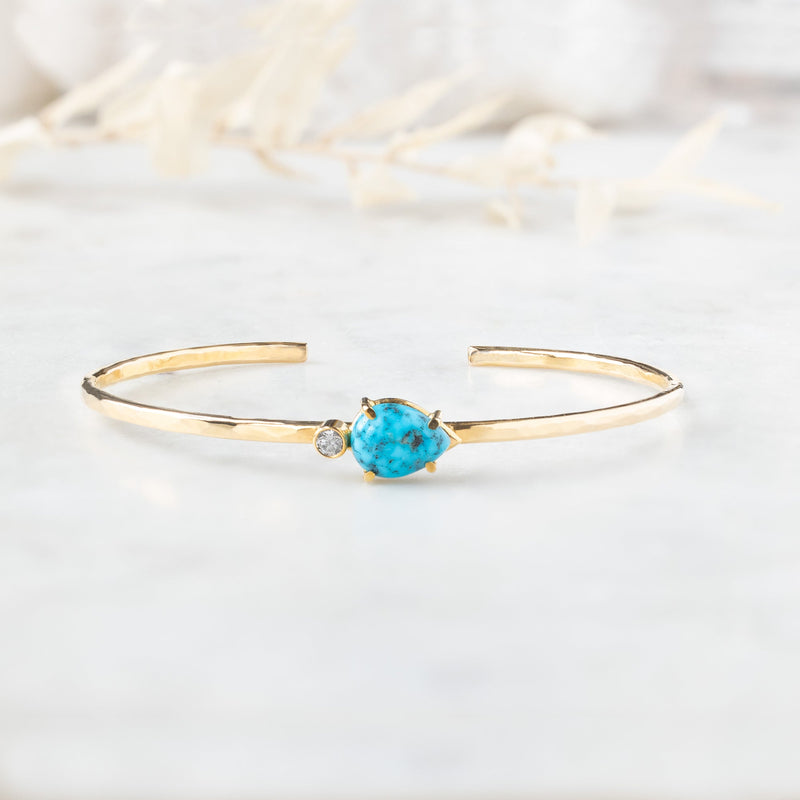 The Asymmetrical Turquoise + Diamond Cuff Bracelet | Yellow Gold Filled