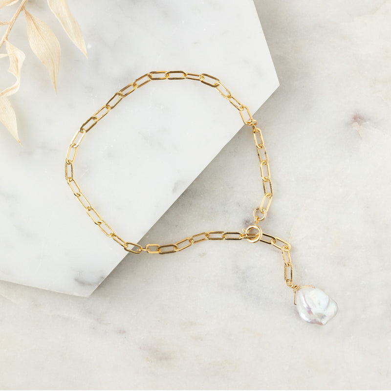 The Keshi Pearl Bracelet in Yellow Gold Filled on White Marble