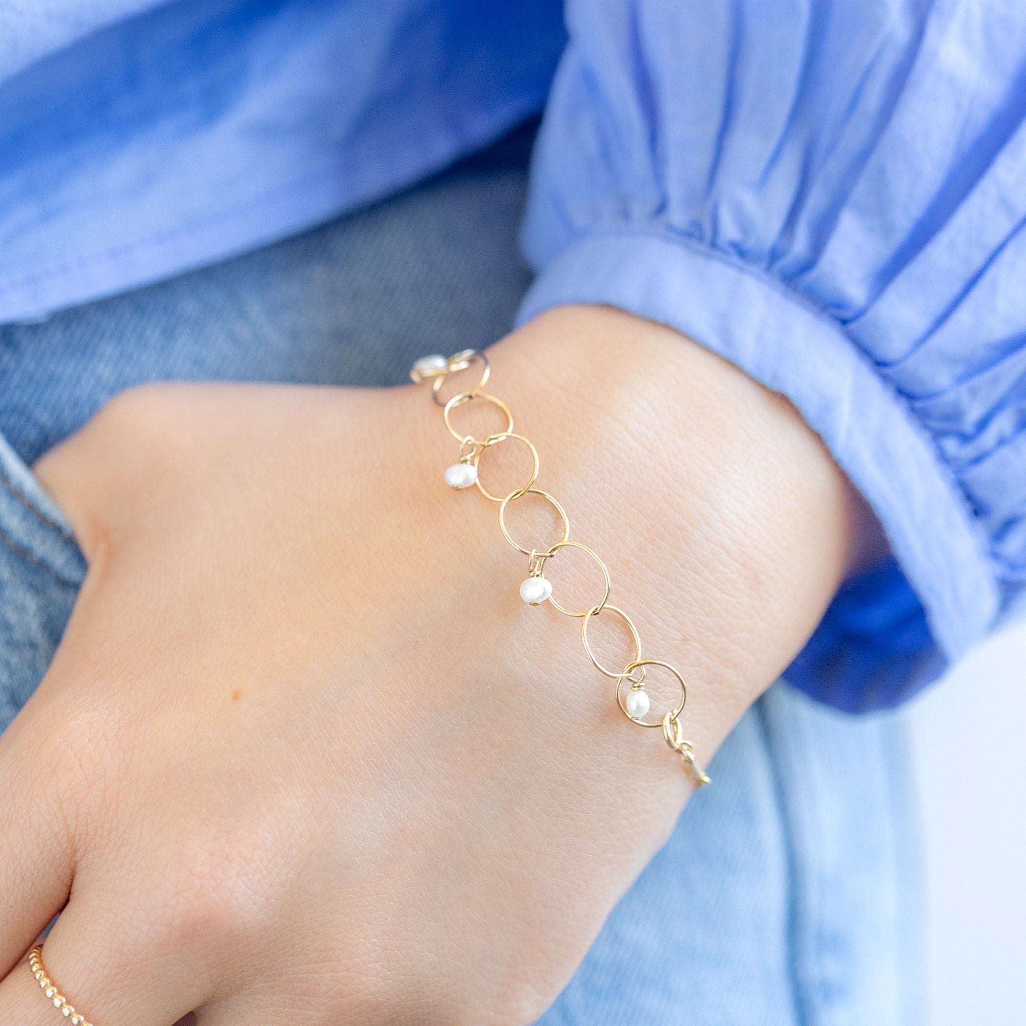 The Pearl Party Chain Bracelet in Yellow Gold Filled on Model