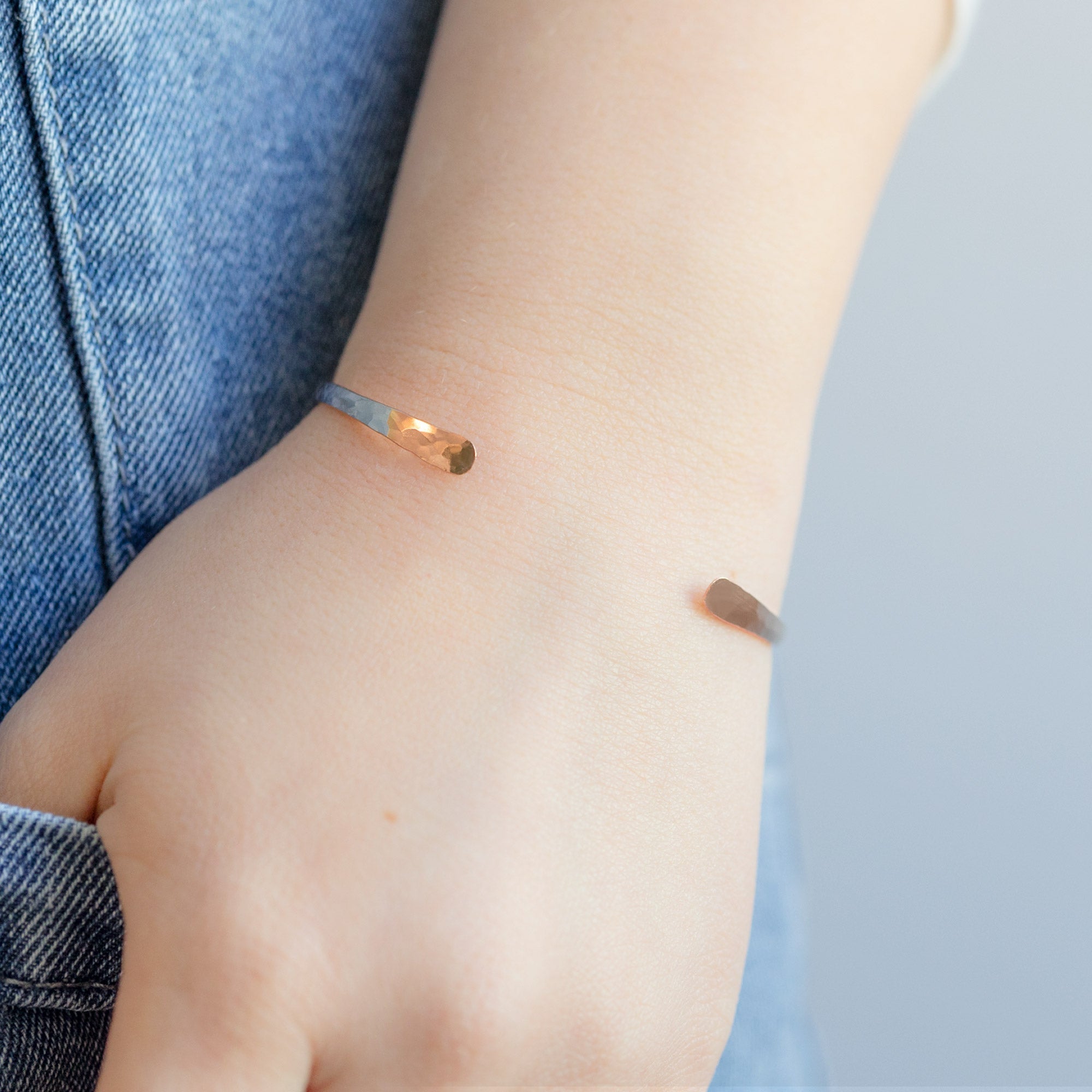 The Hammered Open Cuff Bracelet in Rose Gold Filled on Model