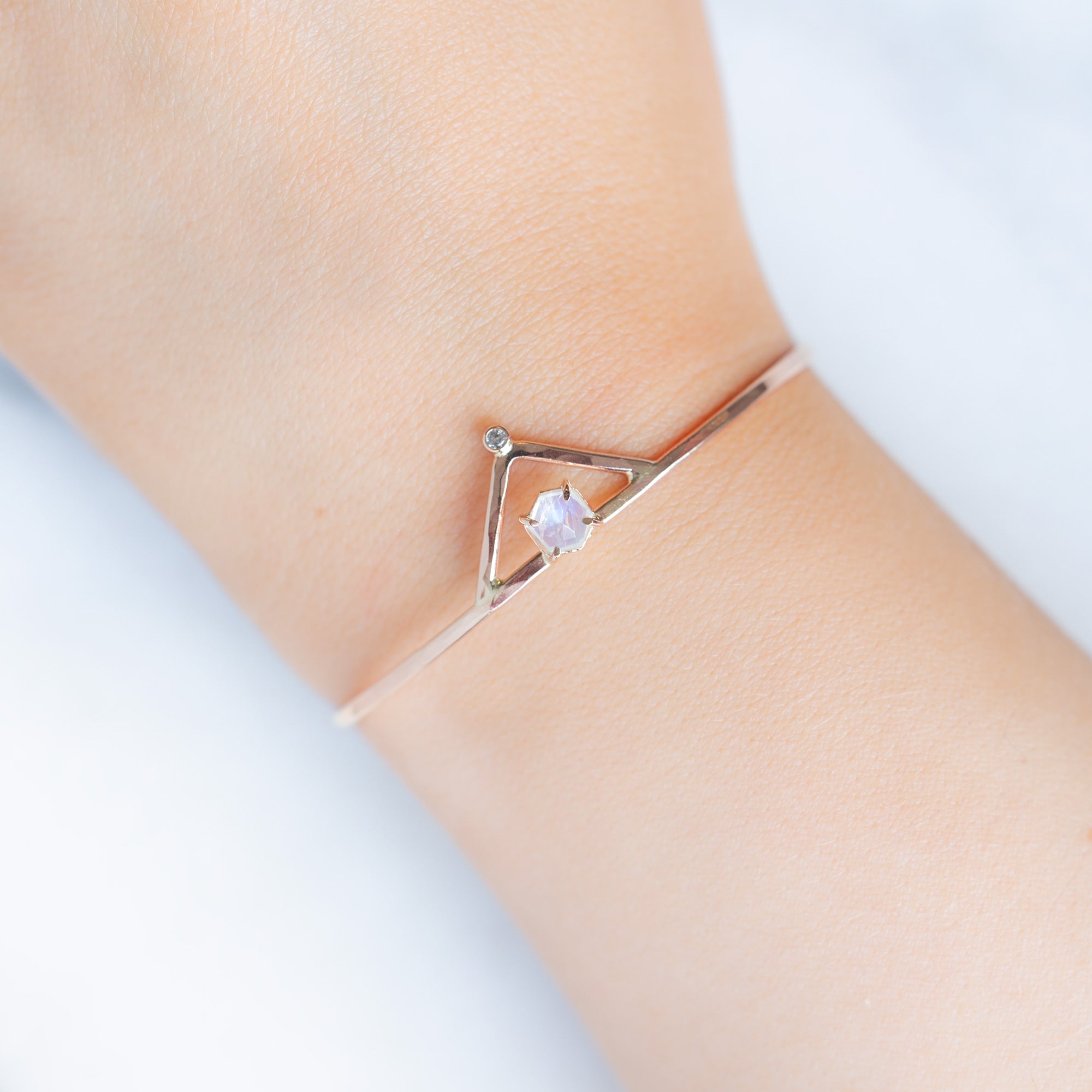 The Moonstone + Diamond Crown Bracelet in Rose Gold Filled on Model