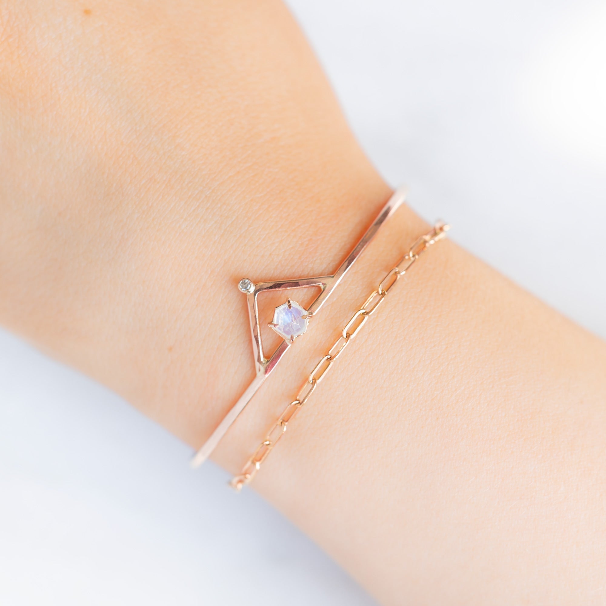 The Moonstone + Diamond Crown Bracelet in Rose Gold Filled Stacked on Model