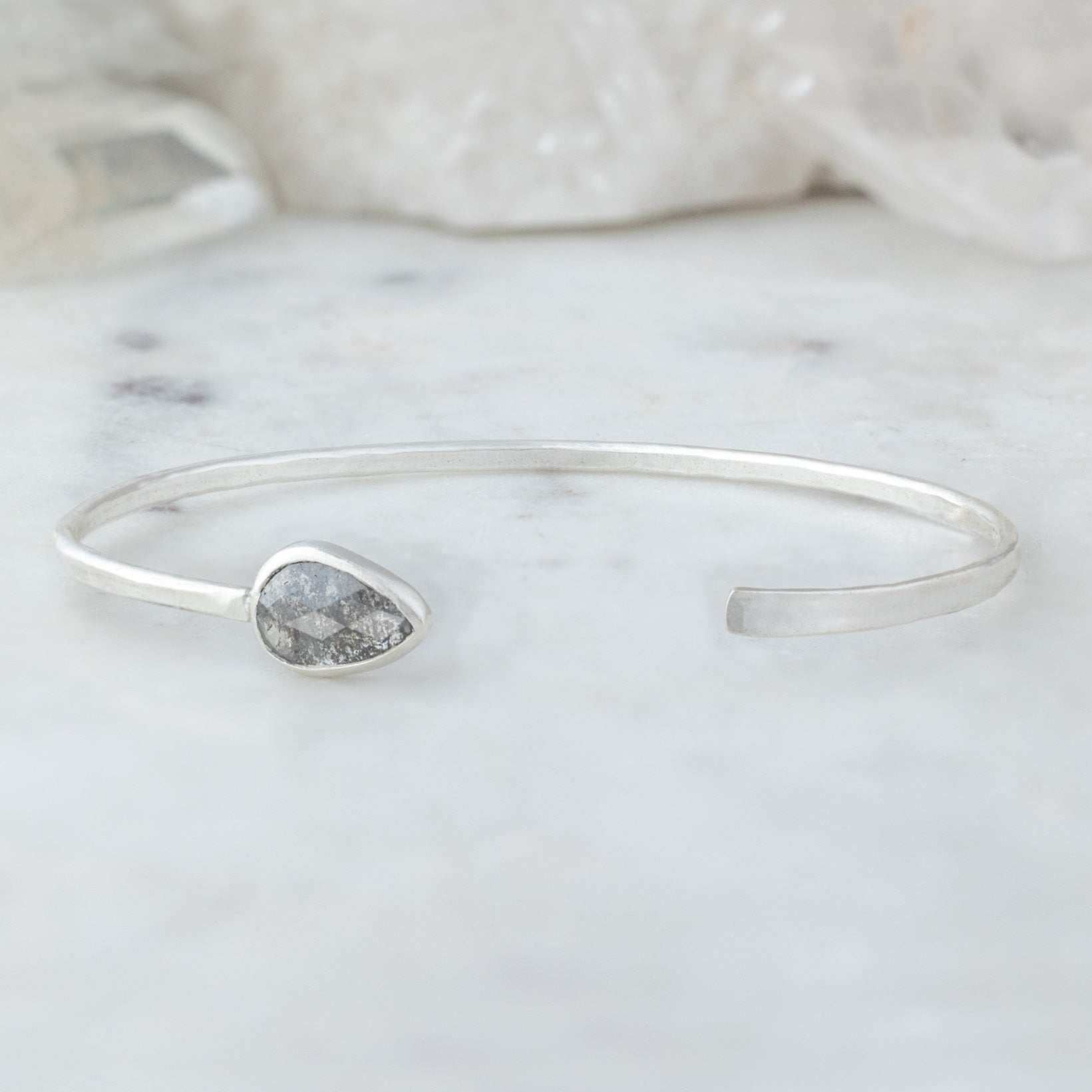 One of A Kind Pear Salt and Pepper Diamond Cuff Bracelet in Sterling Silver on White Marble