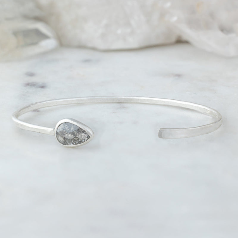 One of A Kind Pear Salt and Pepper Diamond Cuff Bracelet in Sterling Silver on White Marble