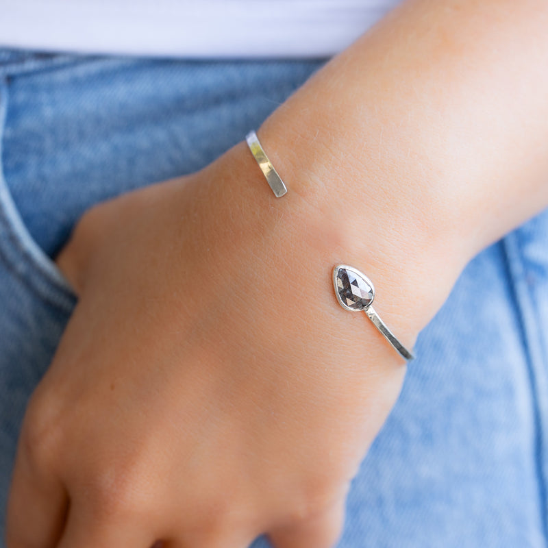 One of A Kind Pear Salt and Pepper Diamond Cuff Bracelet in Sterling Silver on Model