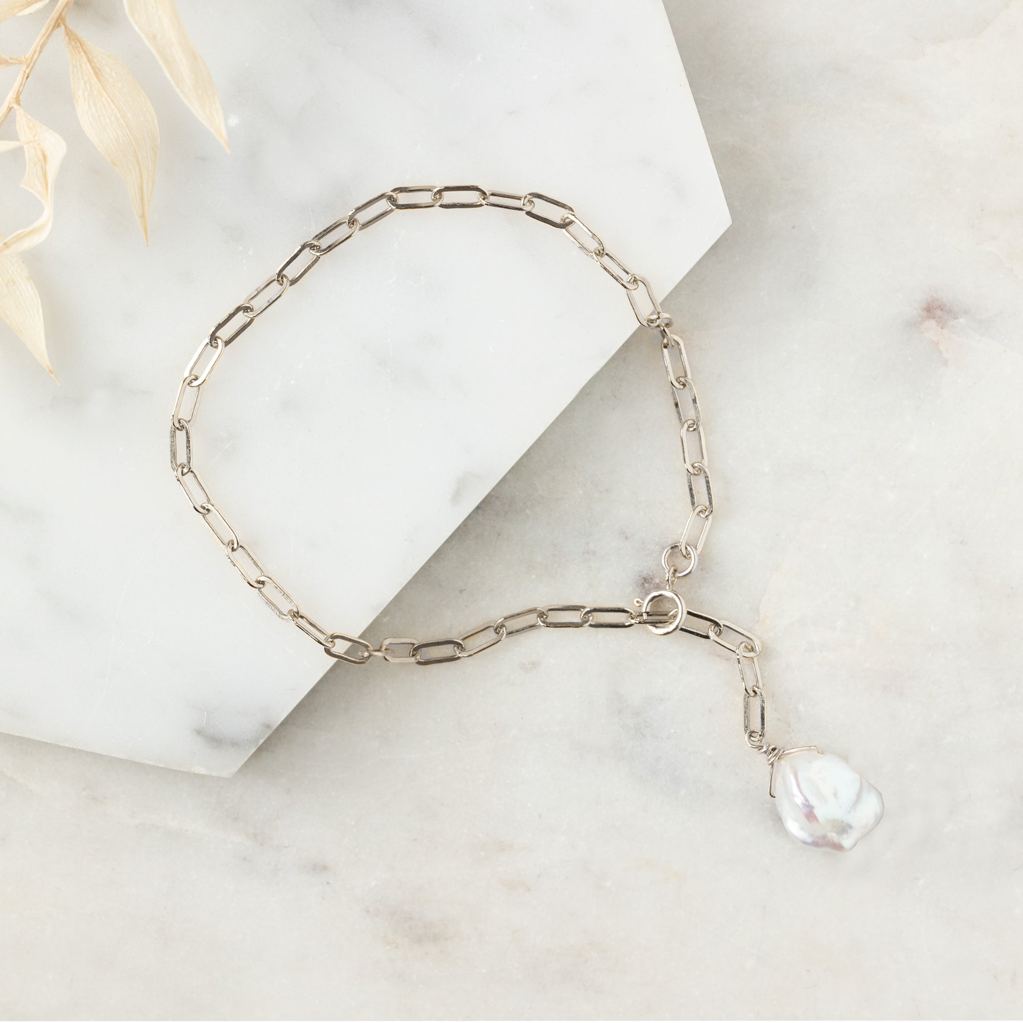 The Keshi Pearl Bracelet in Sterling Silver on White Marble