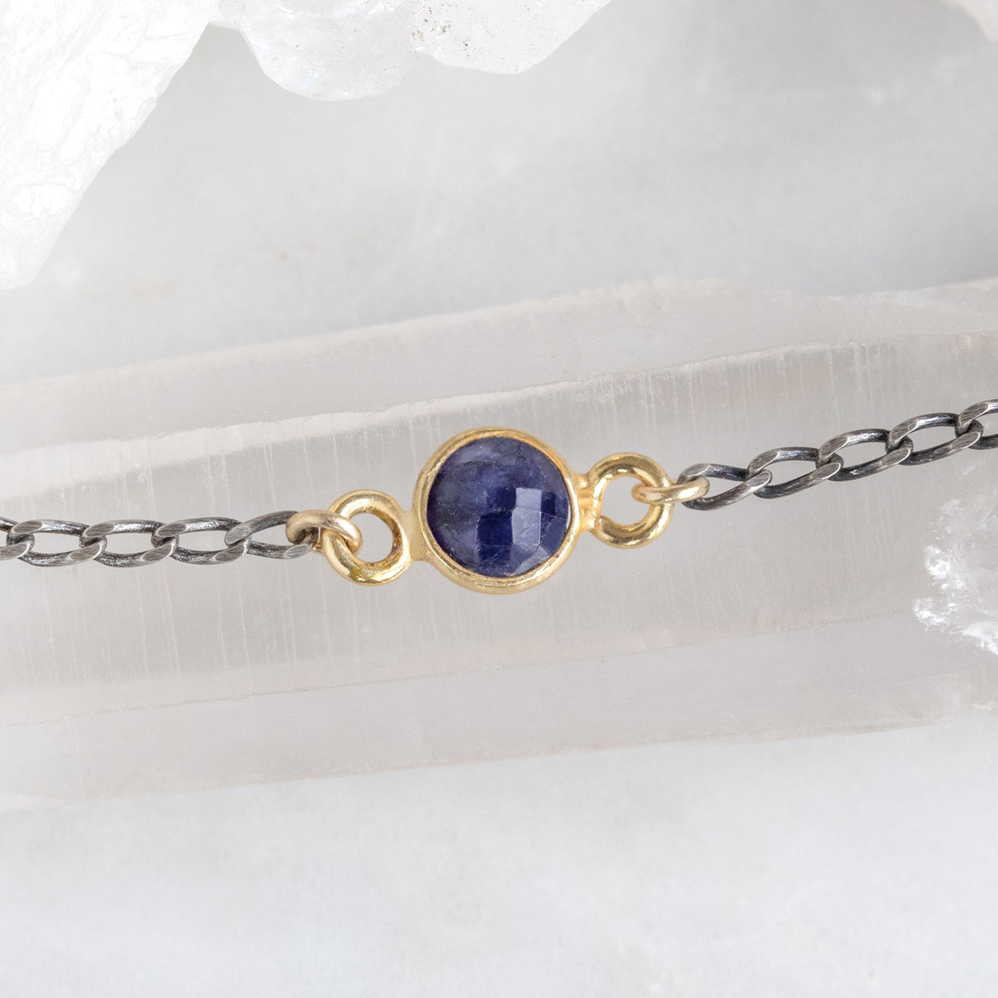 The Simple Blue Sapphire Gemstone Bracelet in Sterling Silver on White Crystal