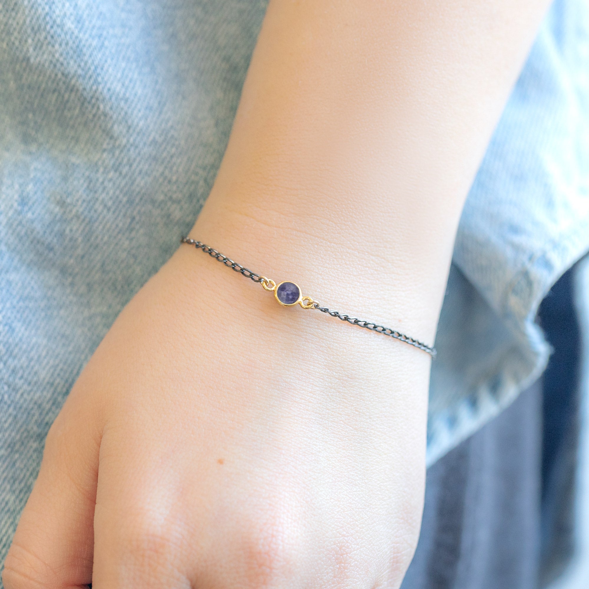 The Simple Blue Sapphire Gemstone Bracelet in Sterling Silver on Model