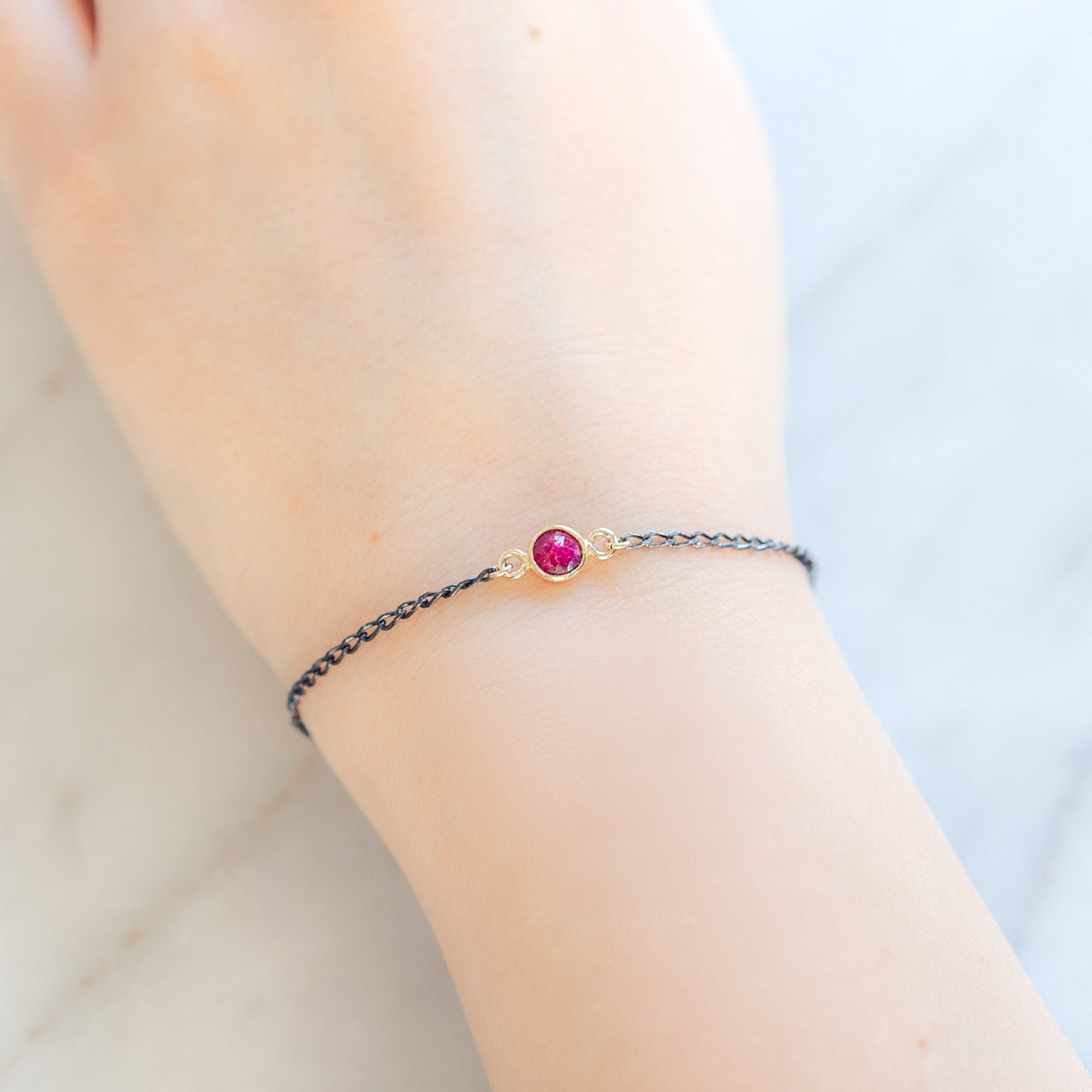 The Simple Ruby Gemstone Bracelet in Sterling Silver on Model