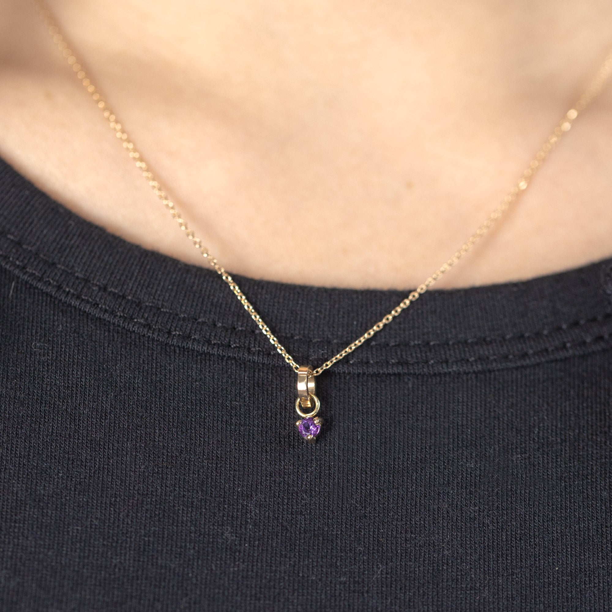 The Amethyst Birthstone Charm in 10K Yellow Gold on Diamond Cut Chain Necklace on Model