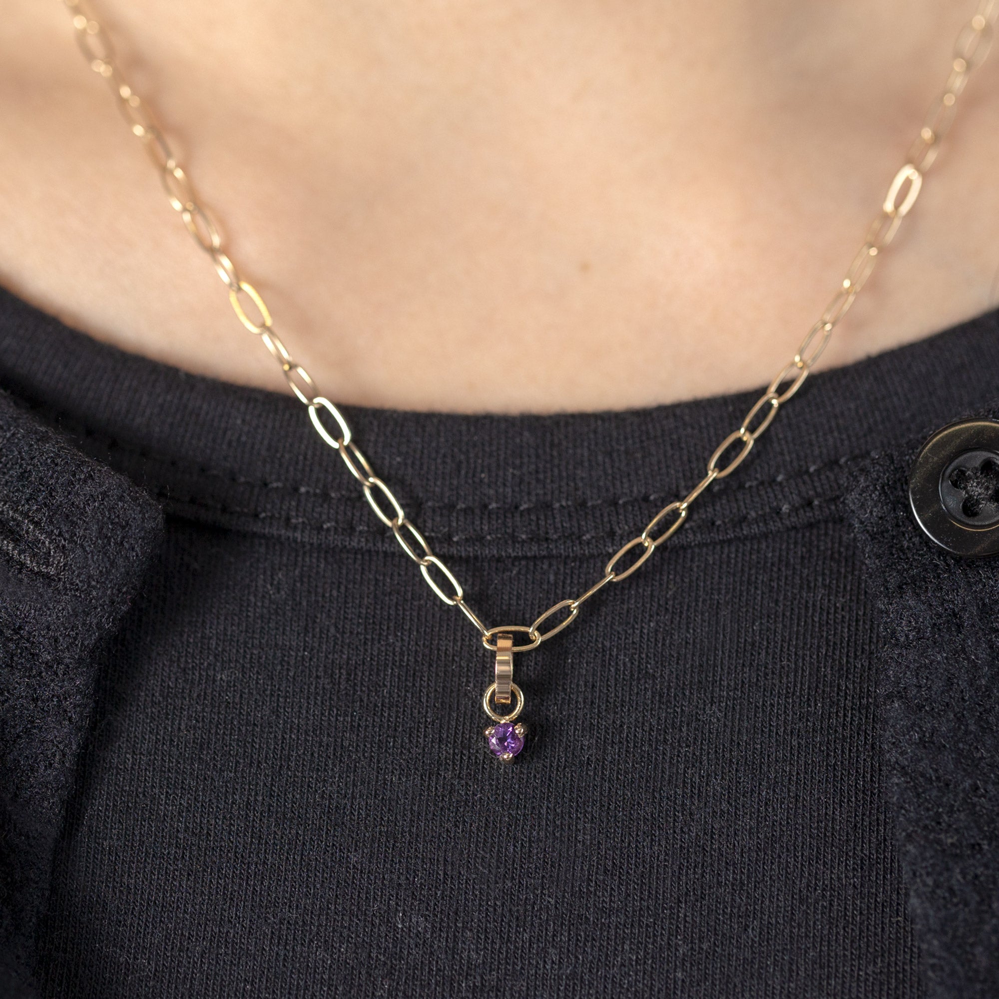 The Amethyst Birthstone Charm in 10K Yellow Gold on Drawn Cable Chain Necklace on Model