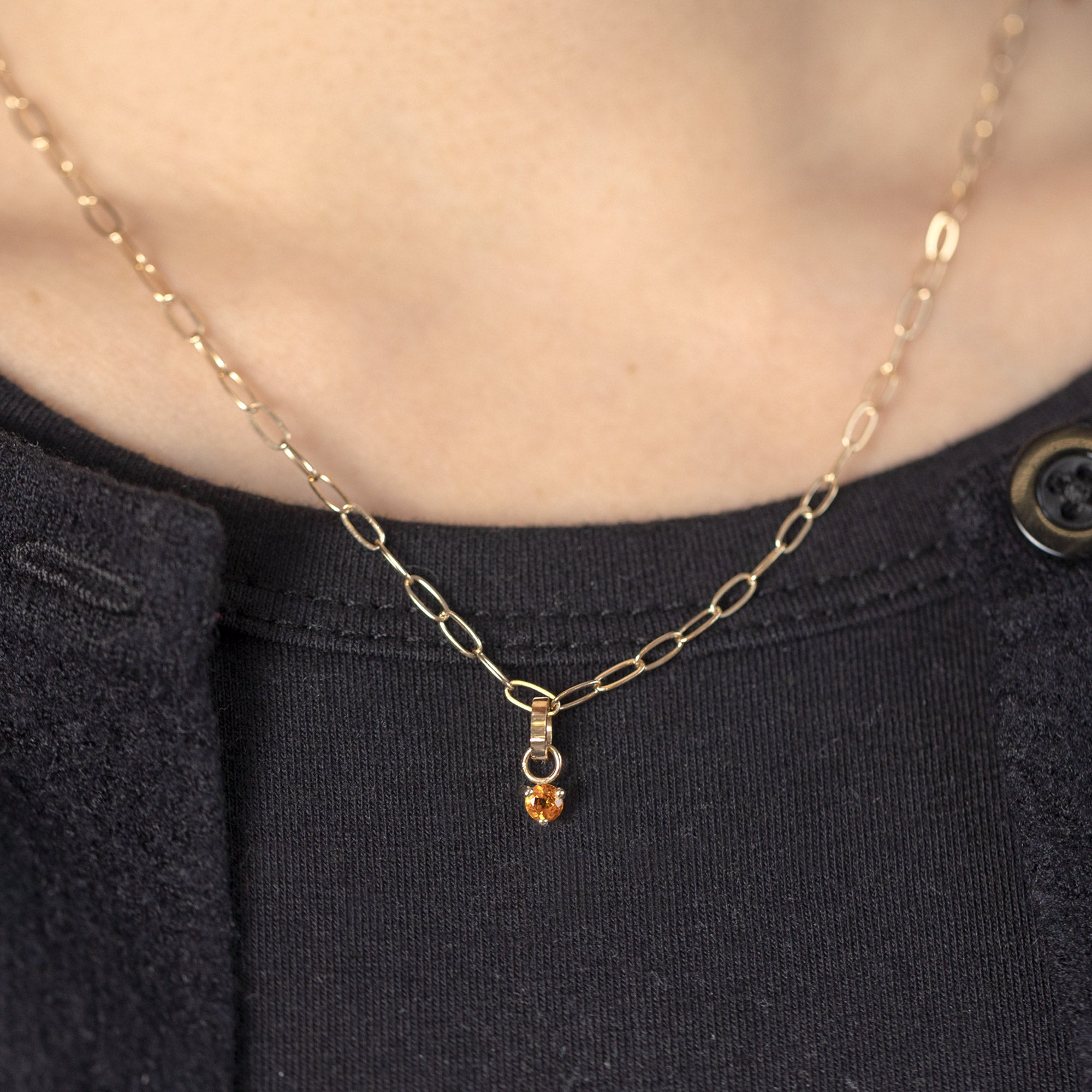 The Citrine Birthstone Charm in 10K Yellow Gold on on Drawn Cable Chain Chain Necklace on Model