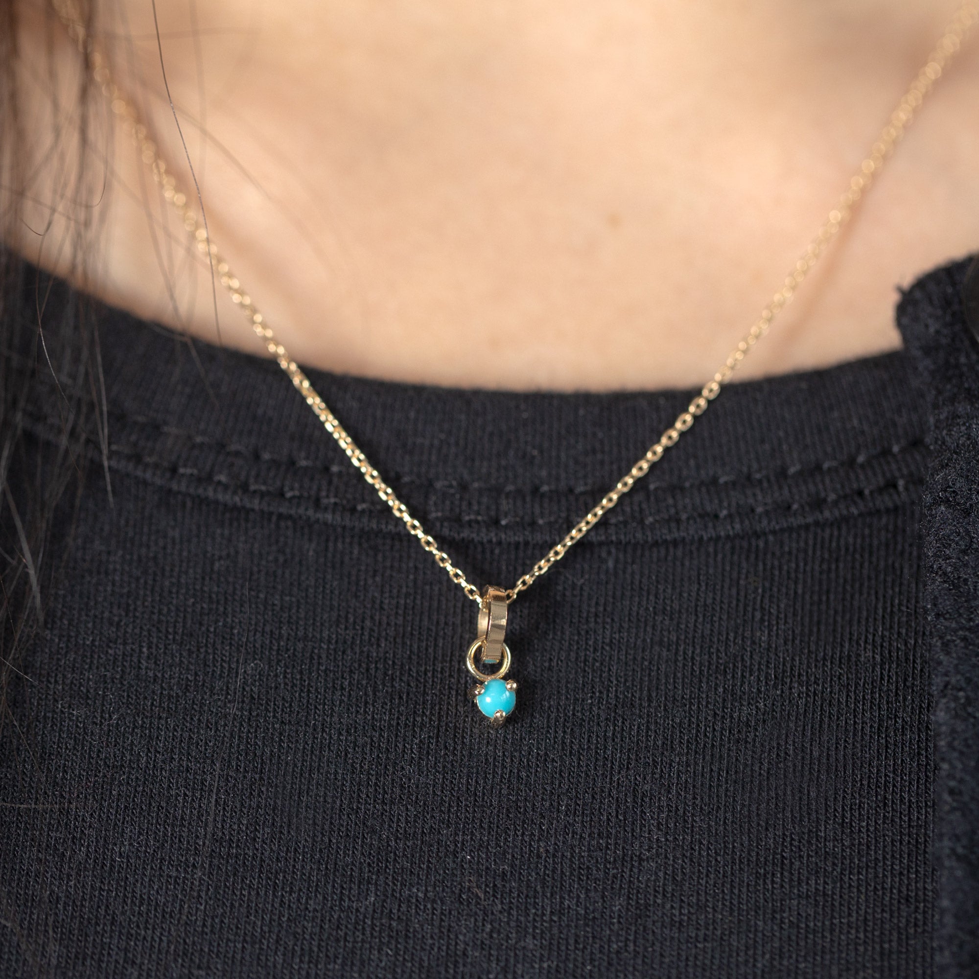 The Turquoise Birthstone Charm in 10K Yellow Gold on Drawn Cable Chain Necklace on Model