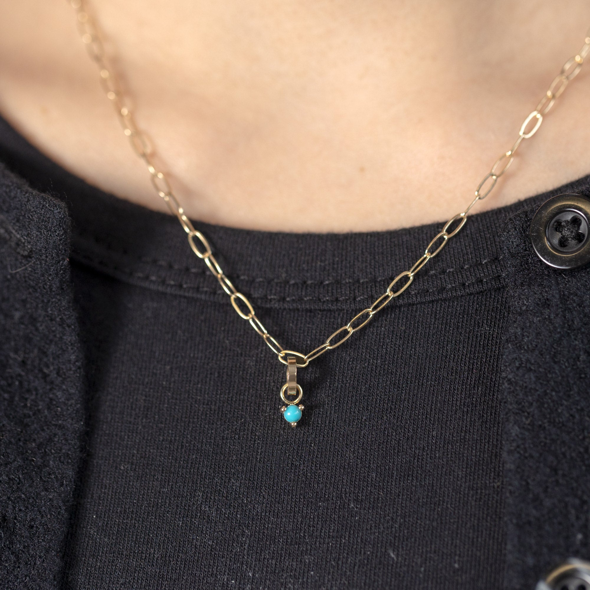 The Turquoise Birthstone Charm in 10K Yellow Gold on Drawn Cable Chain Necklace on Model