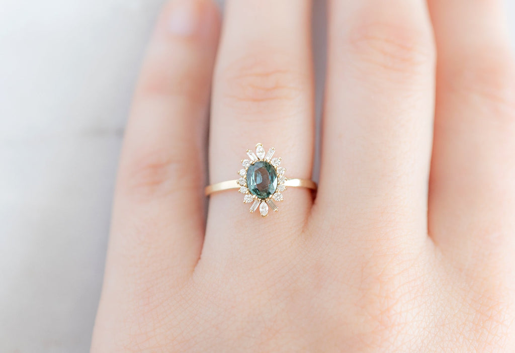 Alexis Russell Engagement Rings The Camellia Ring with a .72ct Oval-Cut Teal Sapphire