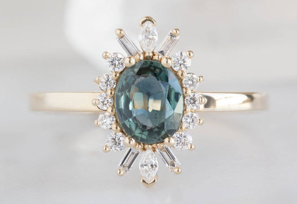 Alexis Russell Engagement Rings The Camellia Ring with a .72ct Oval-Cut Teal Sapphire