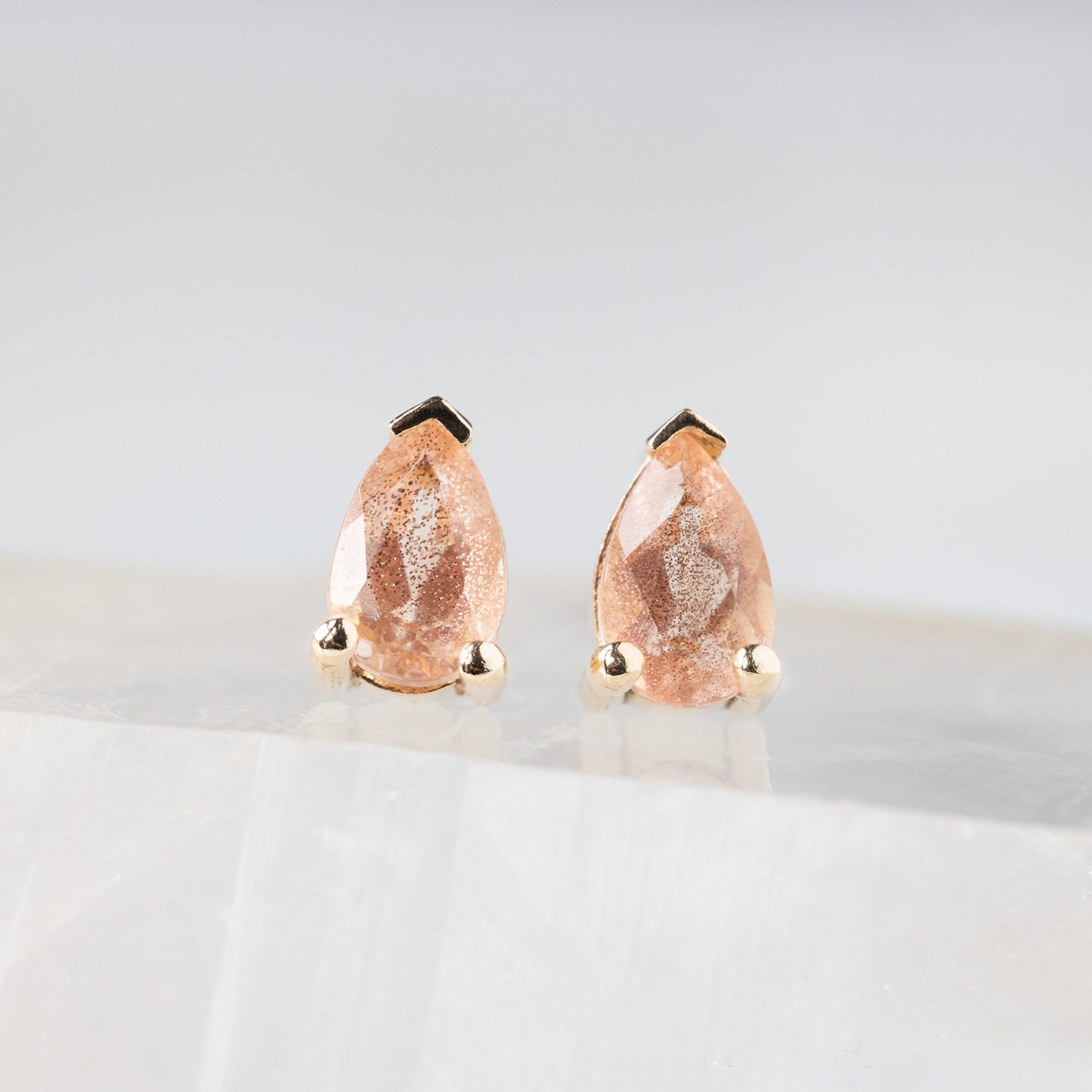 The Peachy-Pink Sunstone Stud Earrings | 10K Yellow Gold