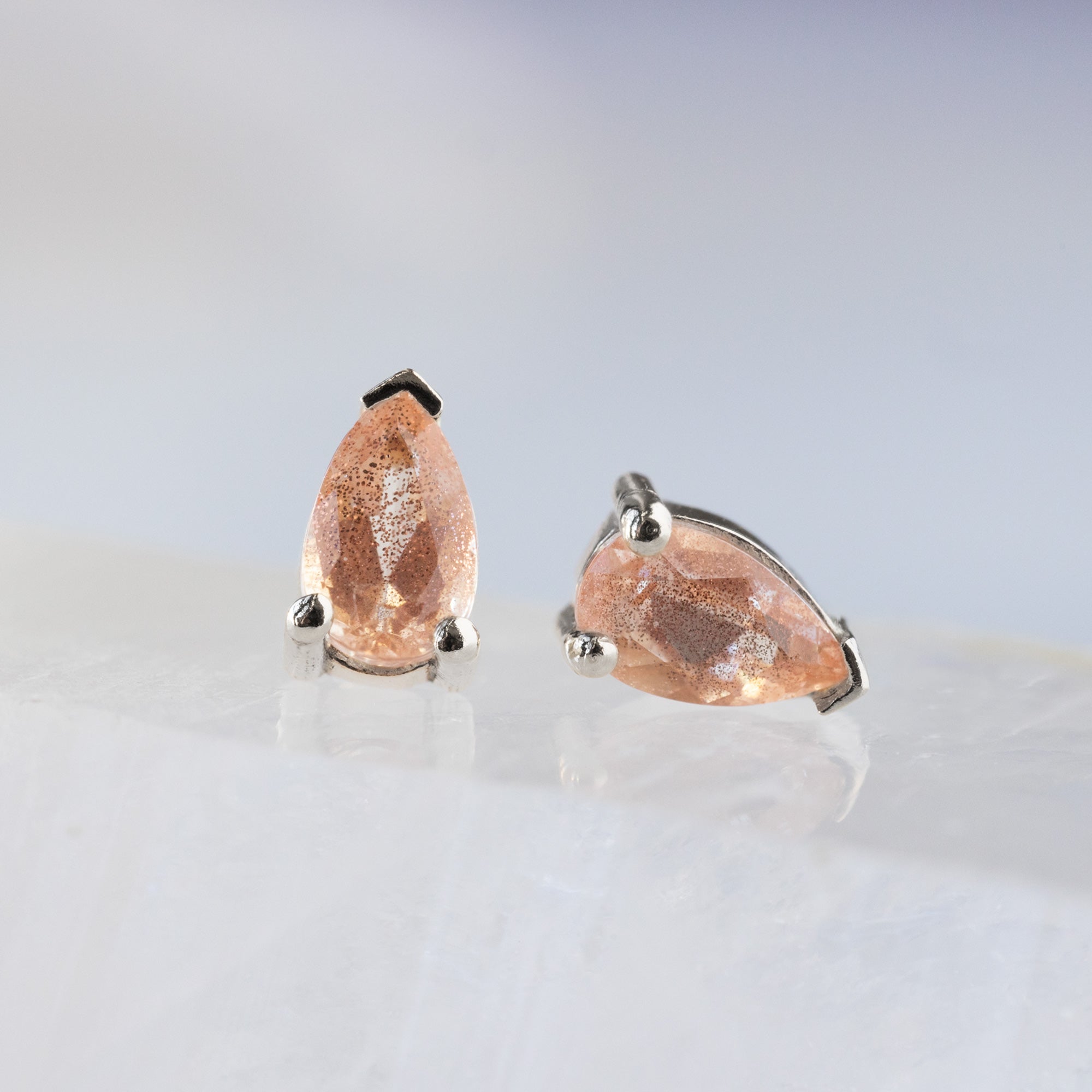 The Peachy-Pink Sunstone Stud Earrings | 10K White Gold