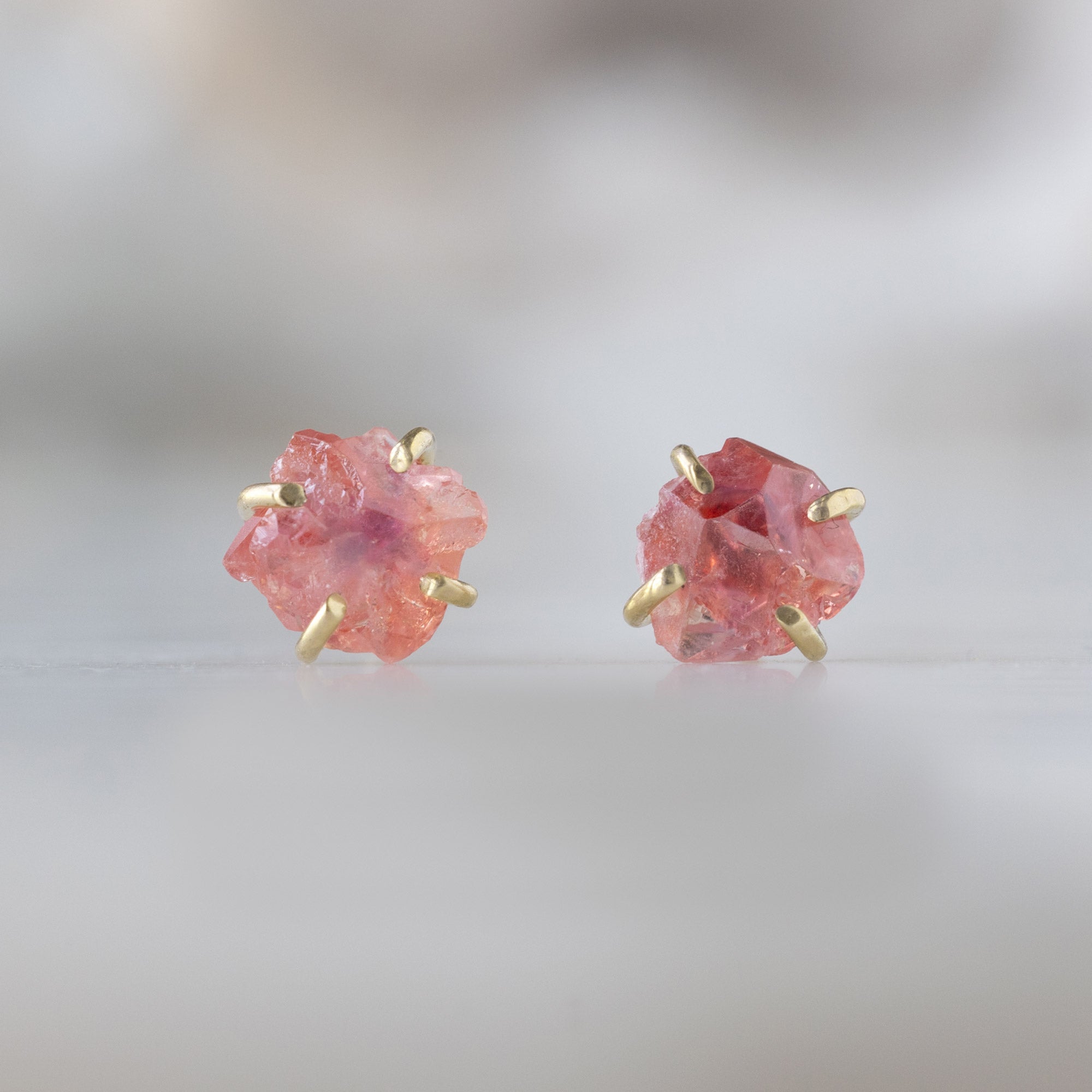 The Raw Padparadscha Sapphire Gemstone Stud Earrings | 14K Yellow Gold