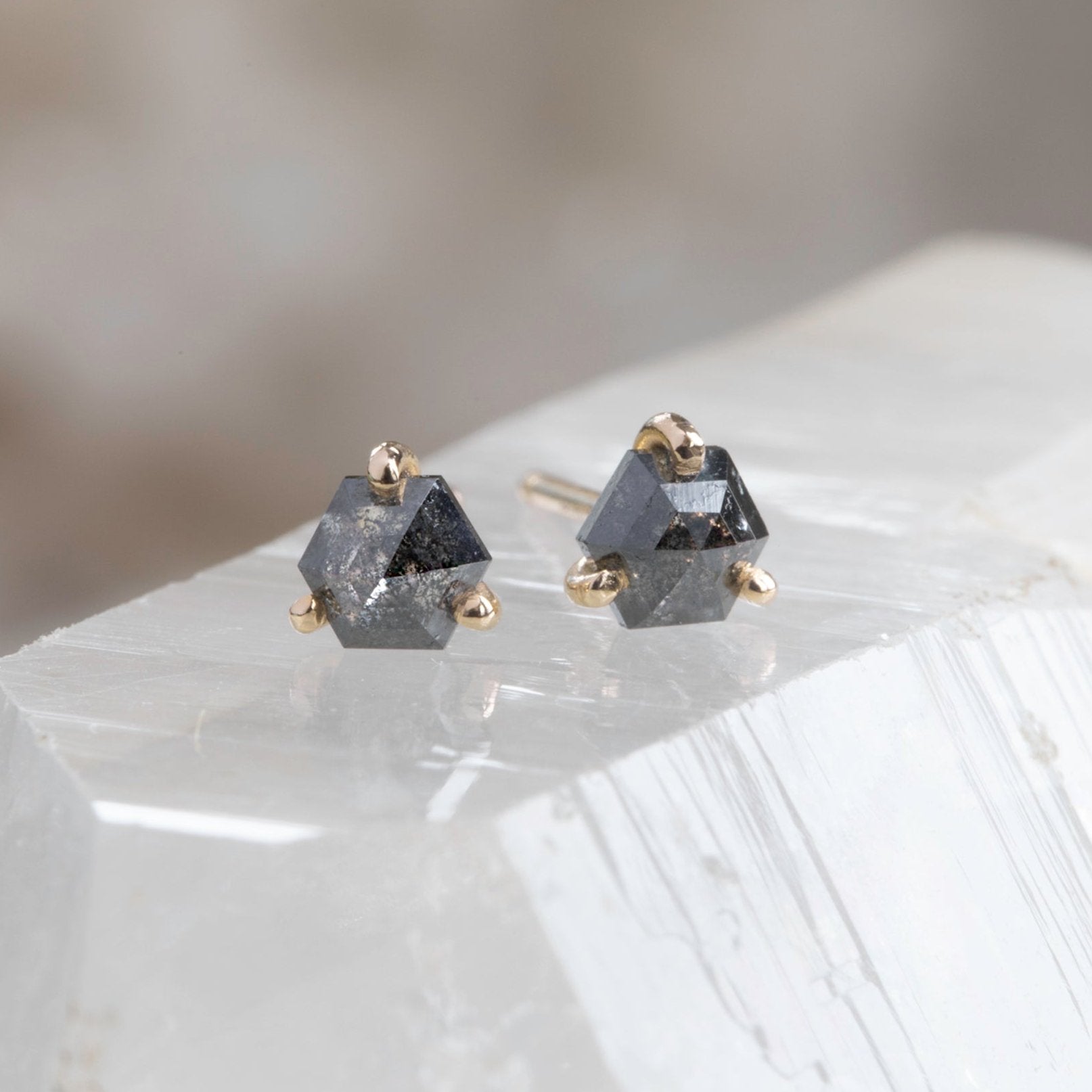 The Teensy Black Diamond Hexagon Stud Earrings | 14K Yellow Gold