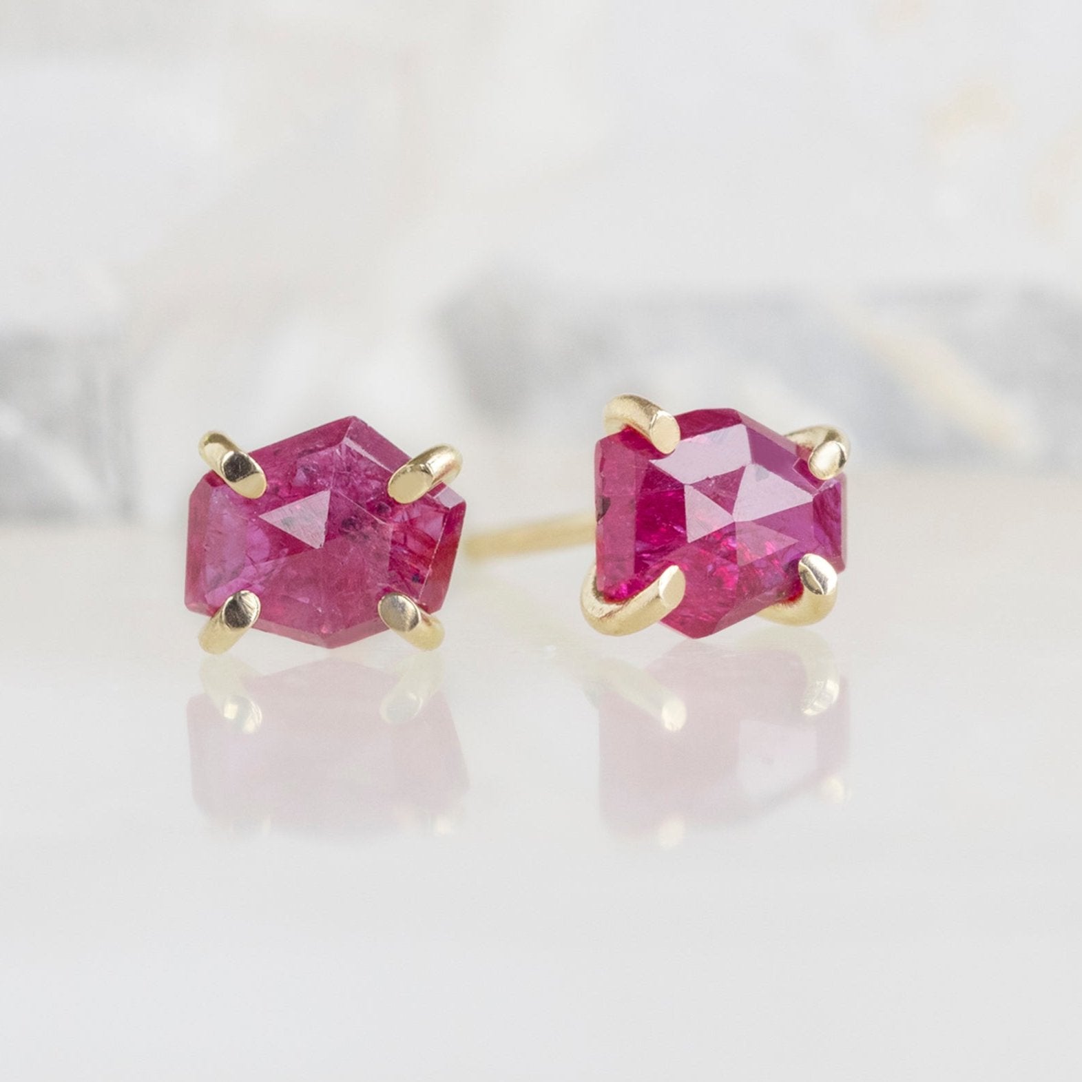 The Hexagon Ruby Stud Earrings | 14K Yellow Gold