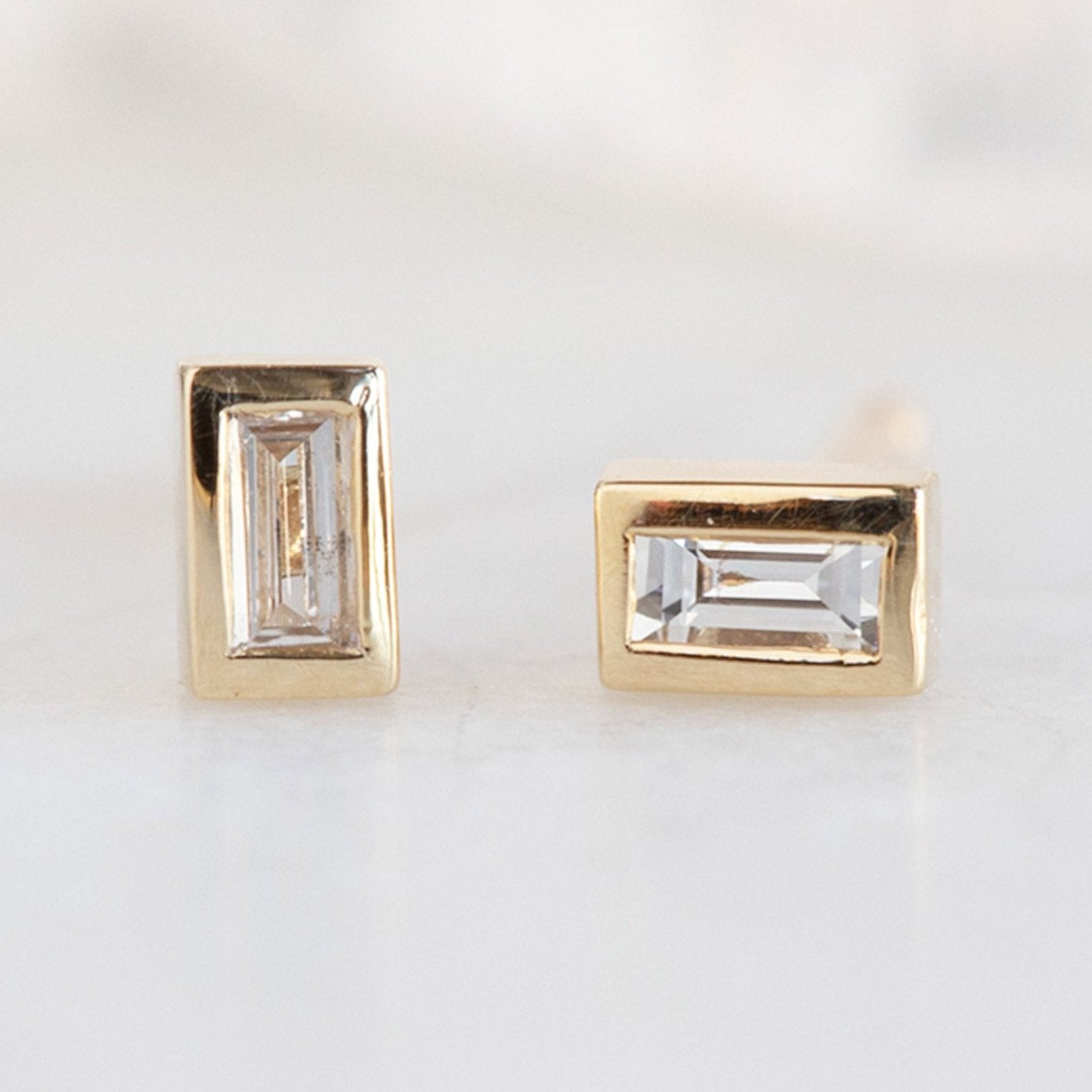 The White Diamond Baguette Stud Earrings | 14K Yellow Gold