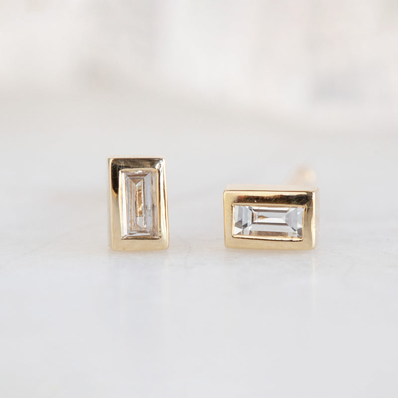 The White Diamond Baguette Stud Earrings | 14K Yellow Gold