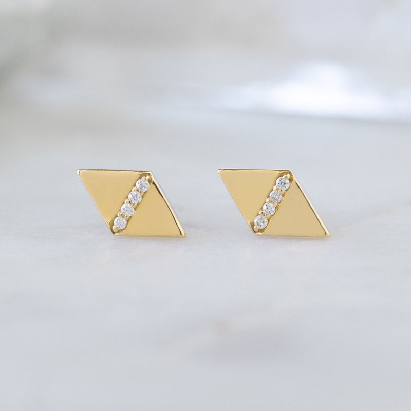 The Geometric White Diamond Pavé Studs | 14K Yellow Gold