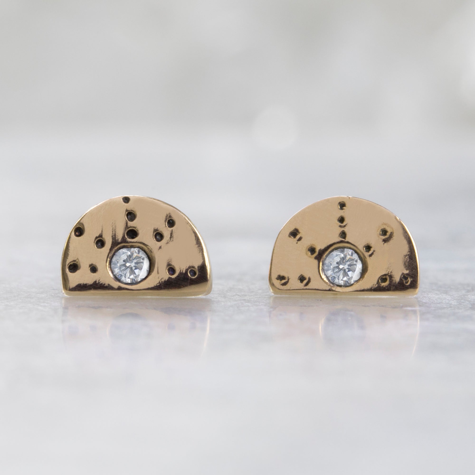 The Half Moon White Diamond Stardust Stud Earrings | 14K Yellow Gold