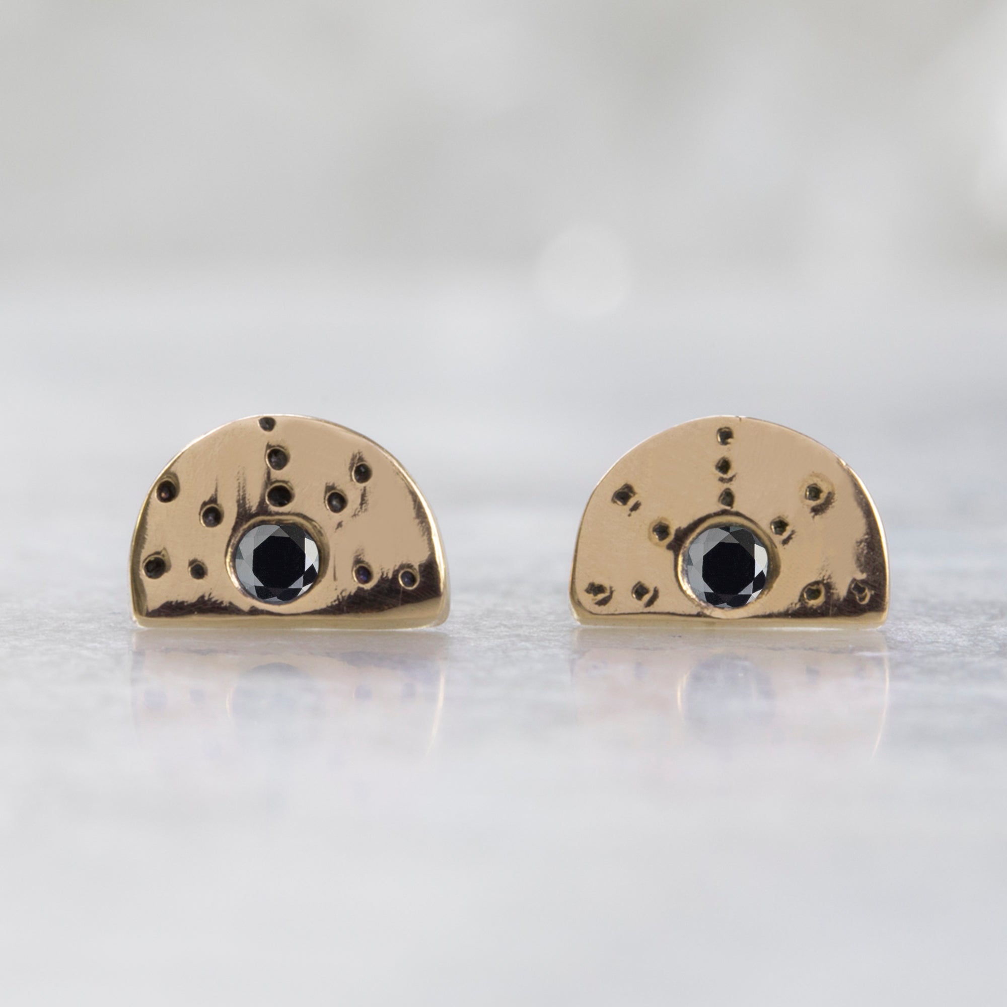 The Half Moon Black Diamond Stardust Stud Earrings | 14K Yellow Gold