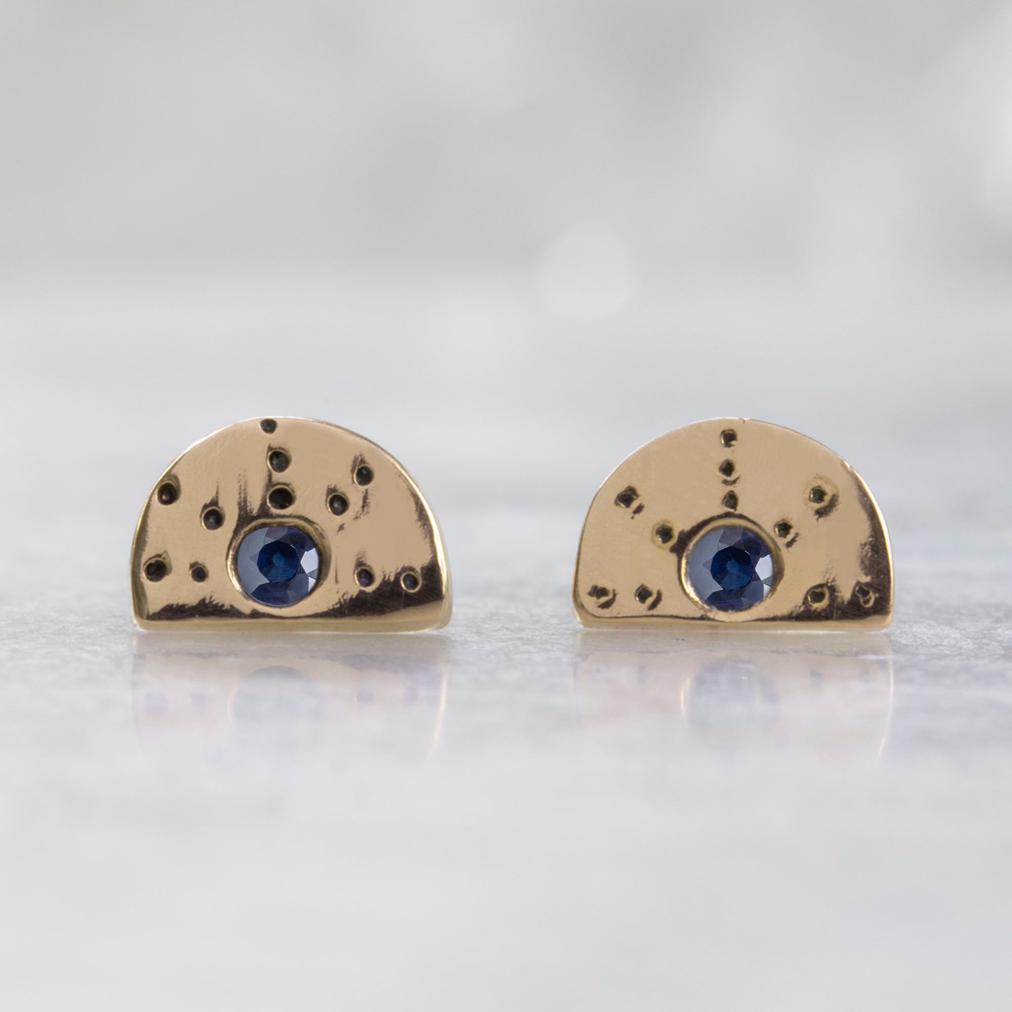 The Half Moon Blue Sapphire Stardust Stud Earrings | 14K Yellow Gold