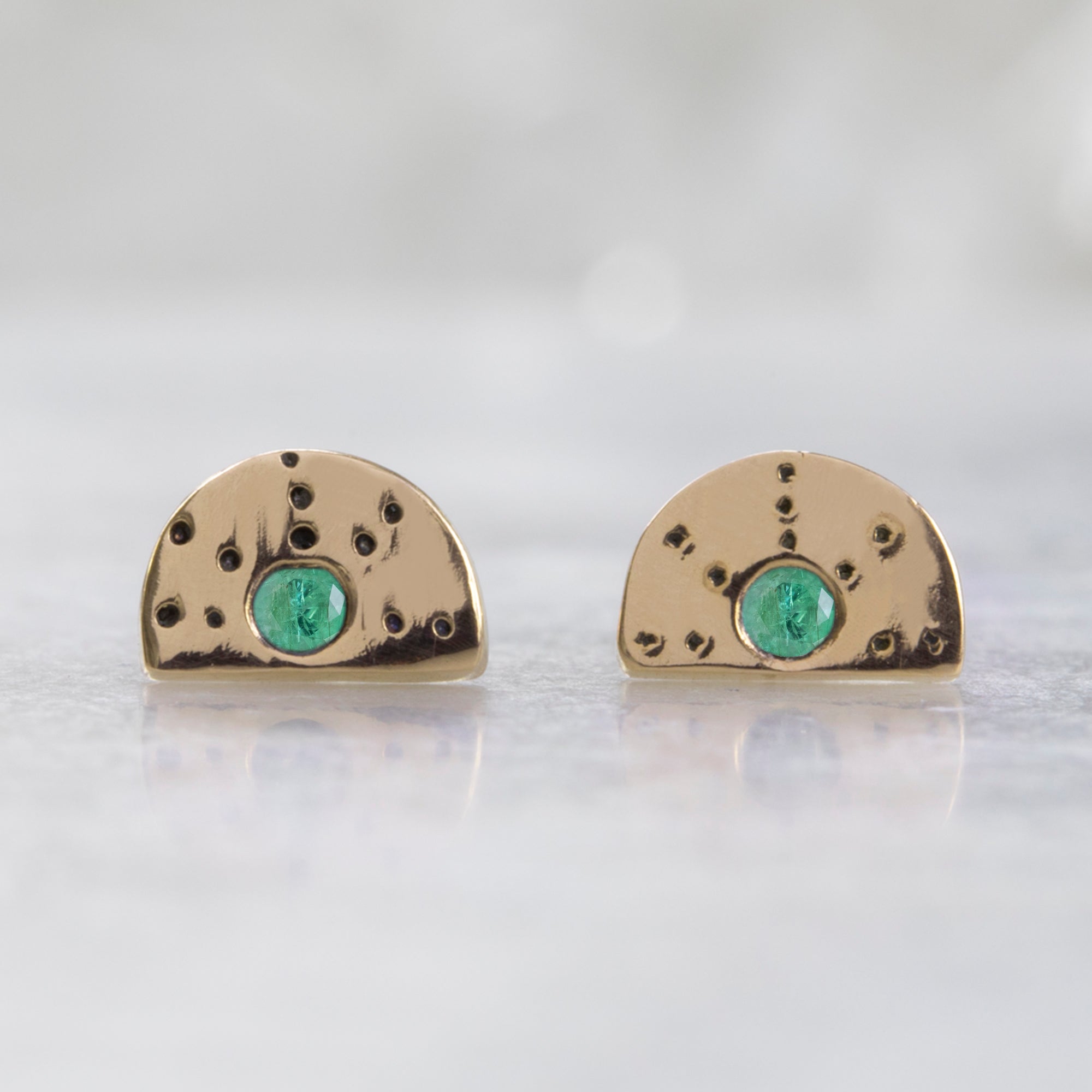 The Half Moon Emerald Stardust Stud Earrings | 14K Yellow Gold