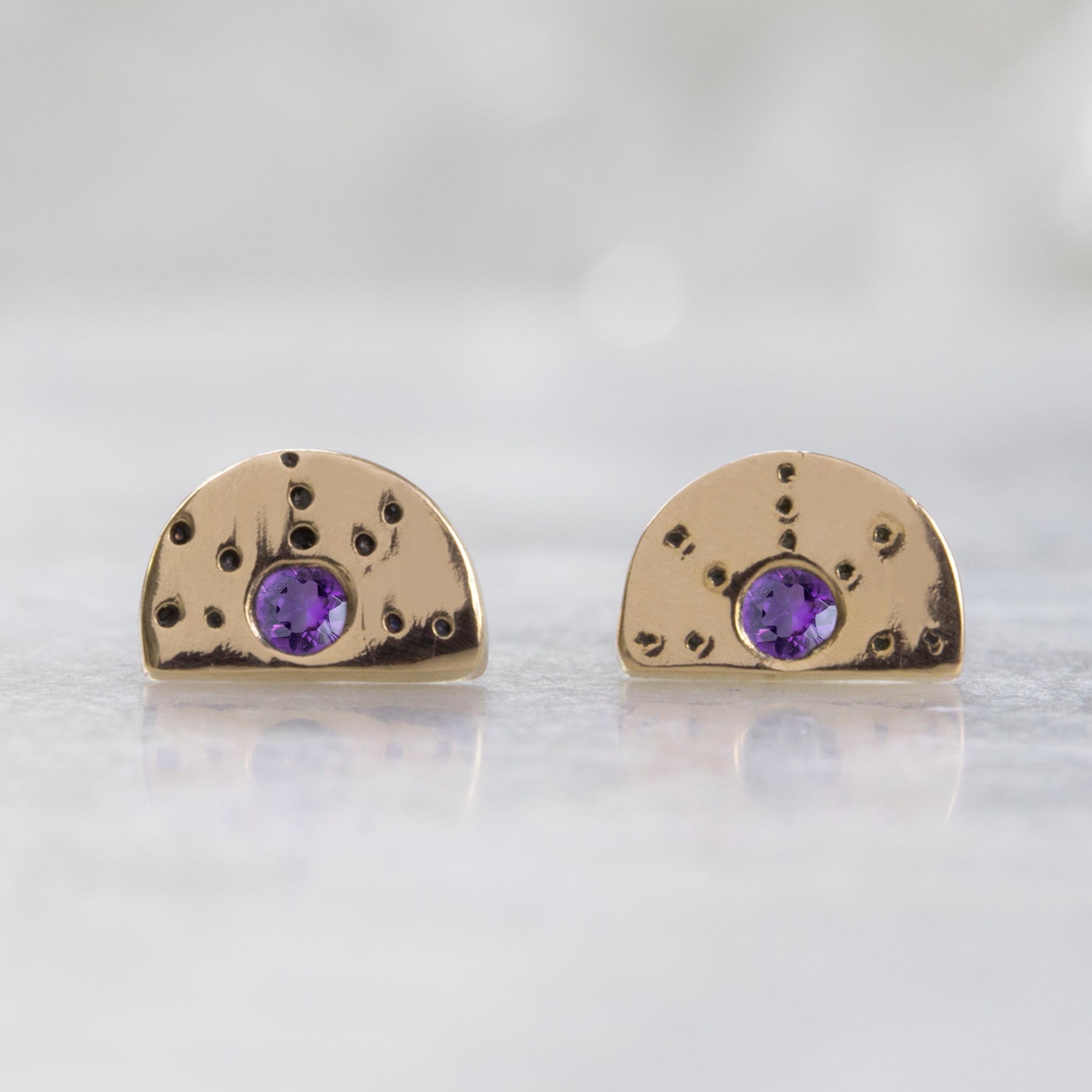 The Half Moon Amethyst Stardust Stud Earrings | 14K Yellow Gold