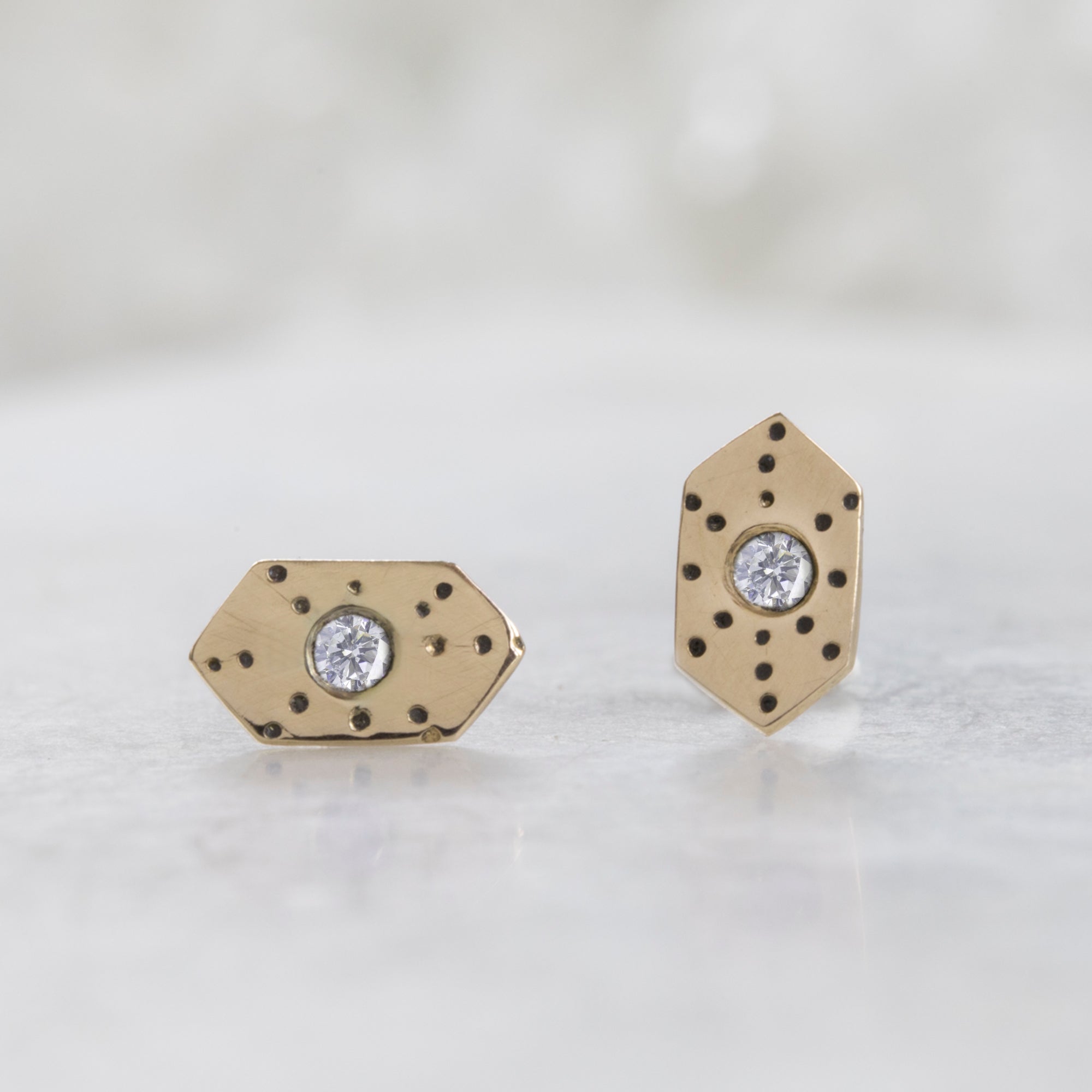 The Hexagon White Diamond Stardust Stud Earrings | 14K Yellow Gold