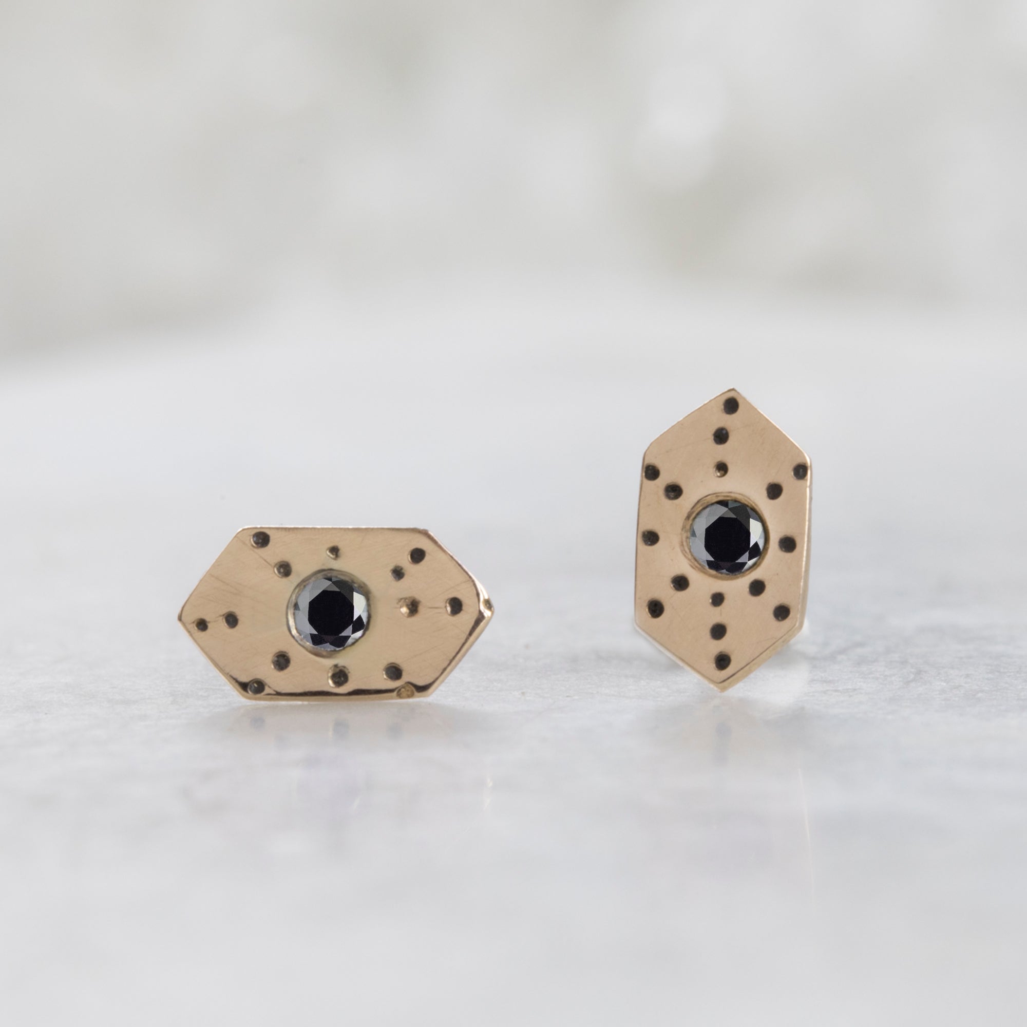 The Hexagon Black Diamond Stardust Stud Earrings | 14K Yellow Gold