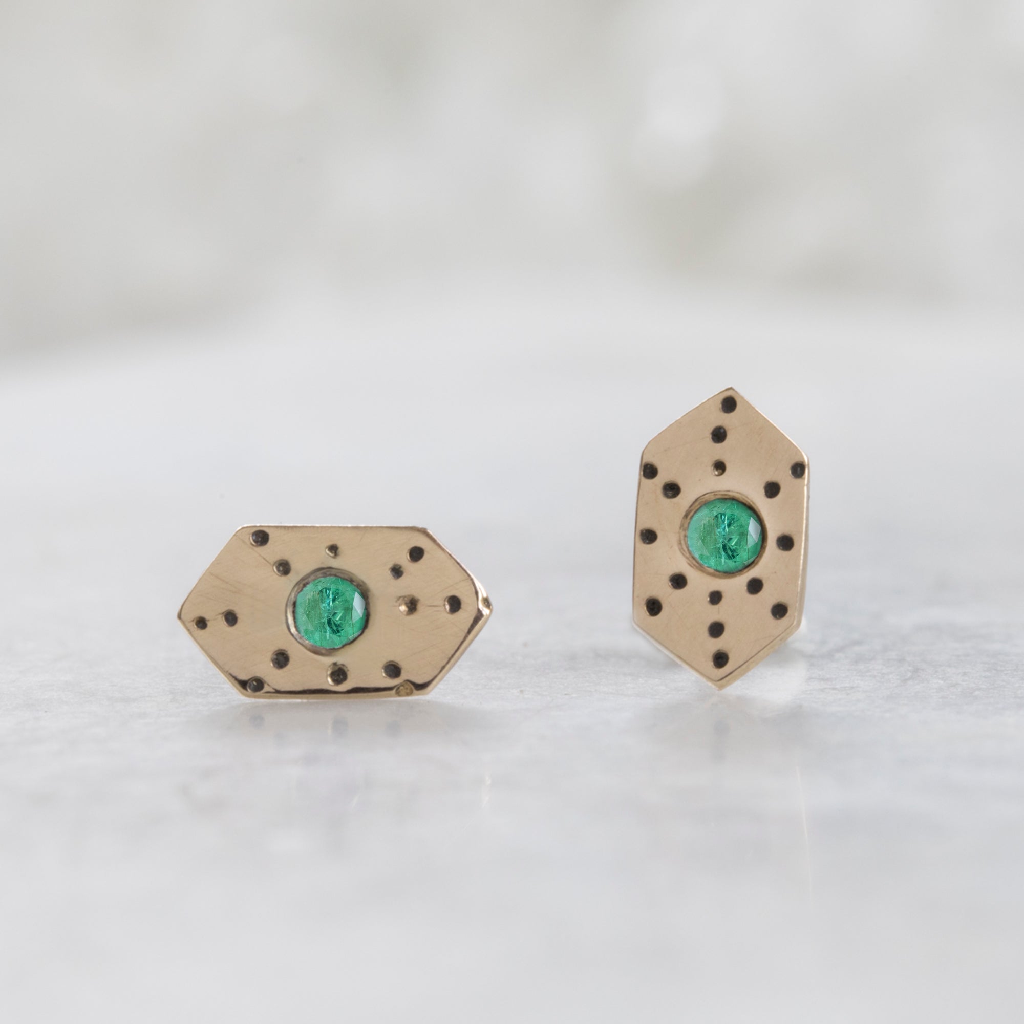 The Hexagon Emerald Stardust Stud Earrings | 14K Yellow Gold