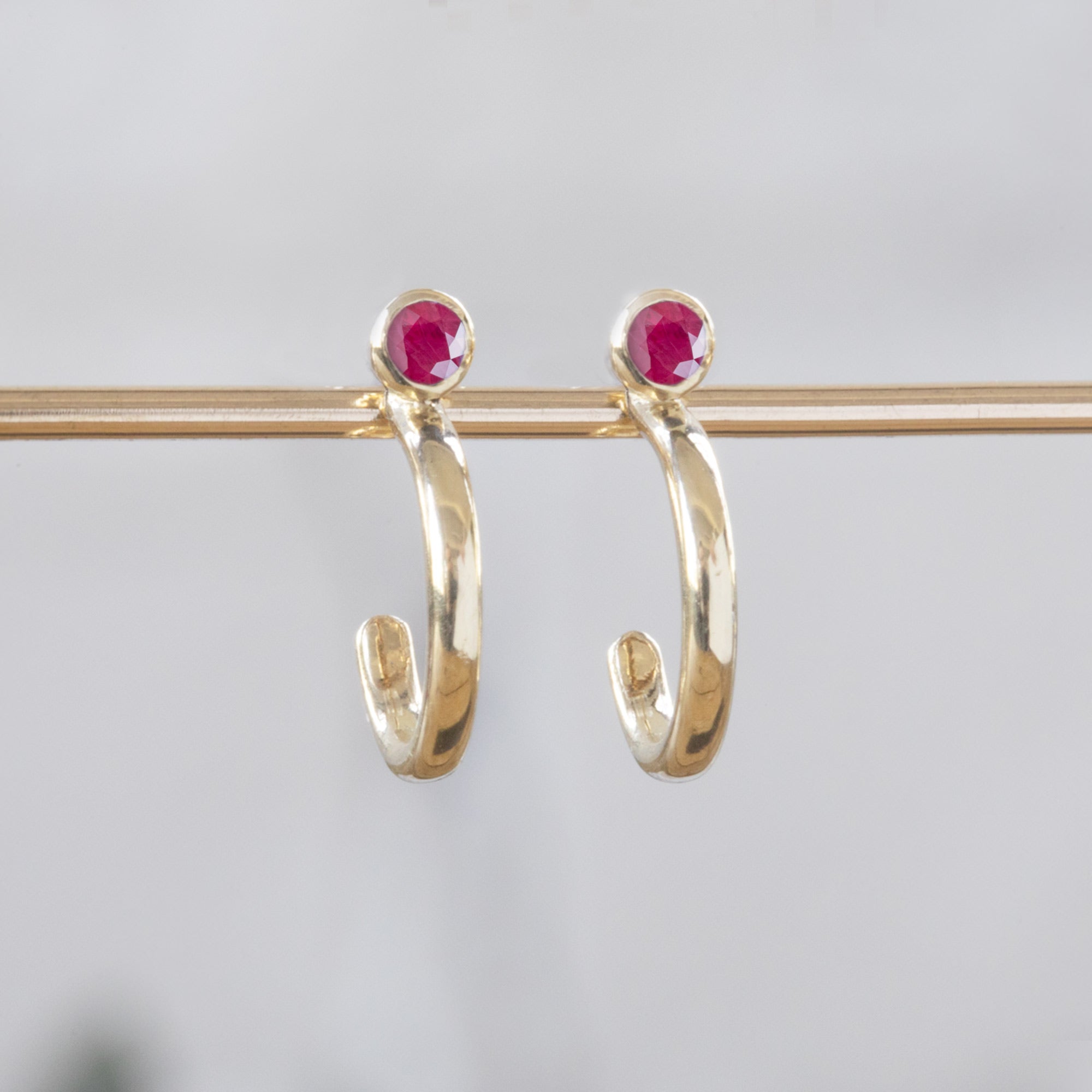 Custom Ruby Birthstone Hoop Earrings | 14K Yellow Gold