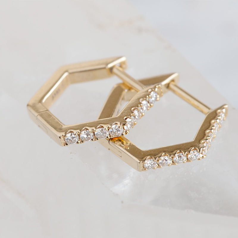 The White Diamond Pavé Hexagon Hoops | 14K Yellow Gold