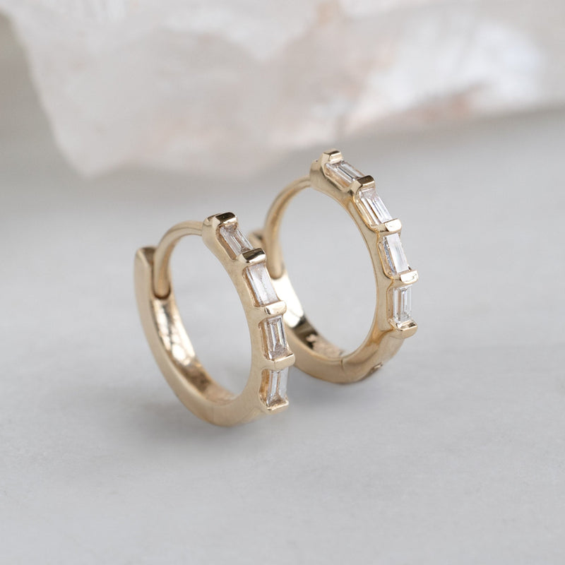 The Baguette White Diamond Huggie Hoops | 14K Yellow Gold