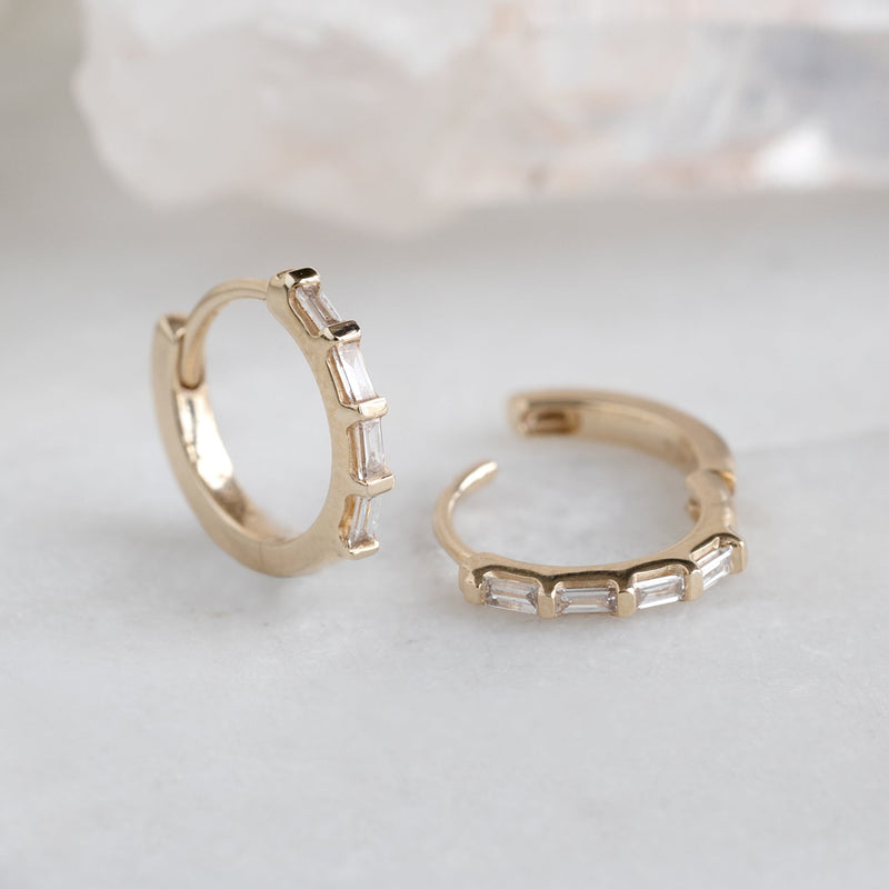 The Baguette White Diamond Huggie Hoops | 14K Yellow Gold