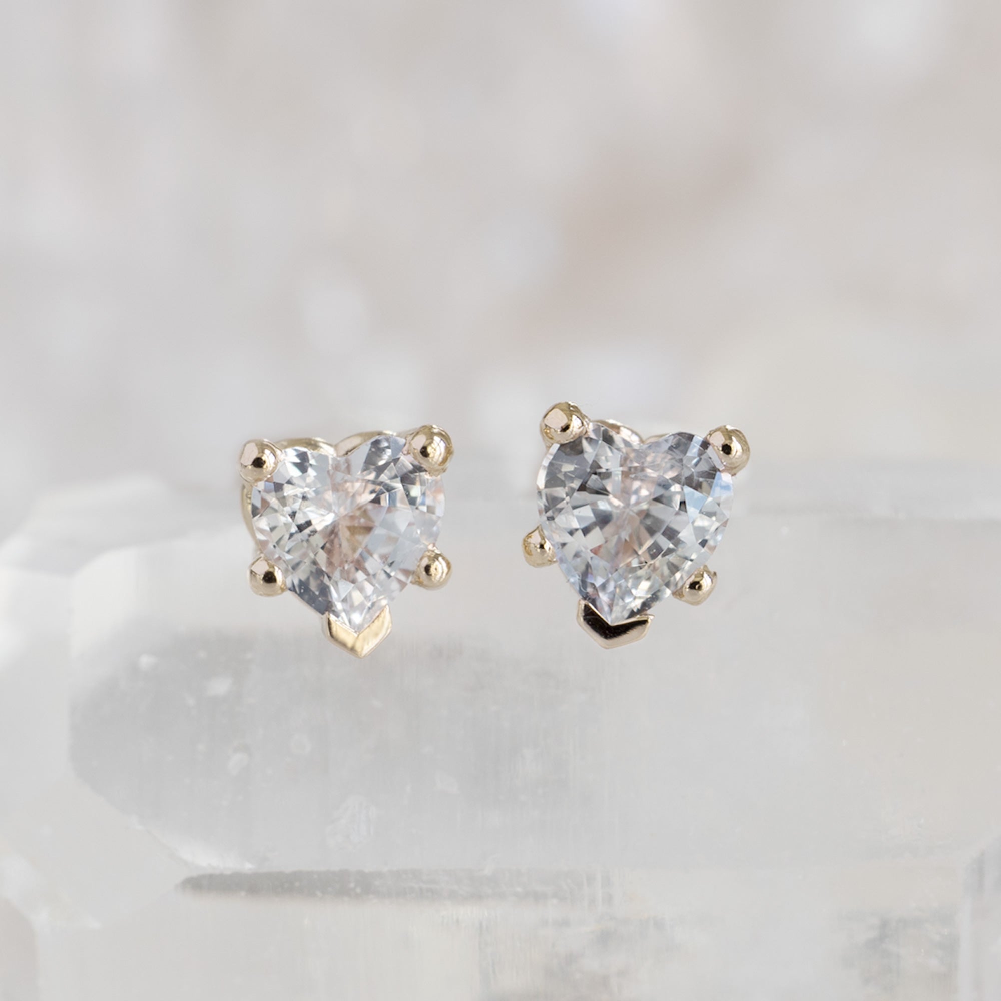 The White Sapphire Gemstone Heart Stud Earrings | 14K Yellow Gold