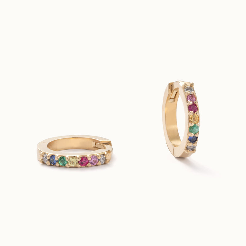 The Rainbow Sapphire Pavé Huggie Hoops | 14K Yellow Gold