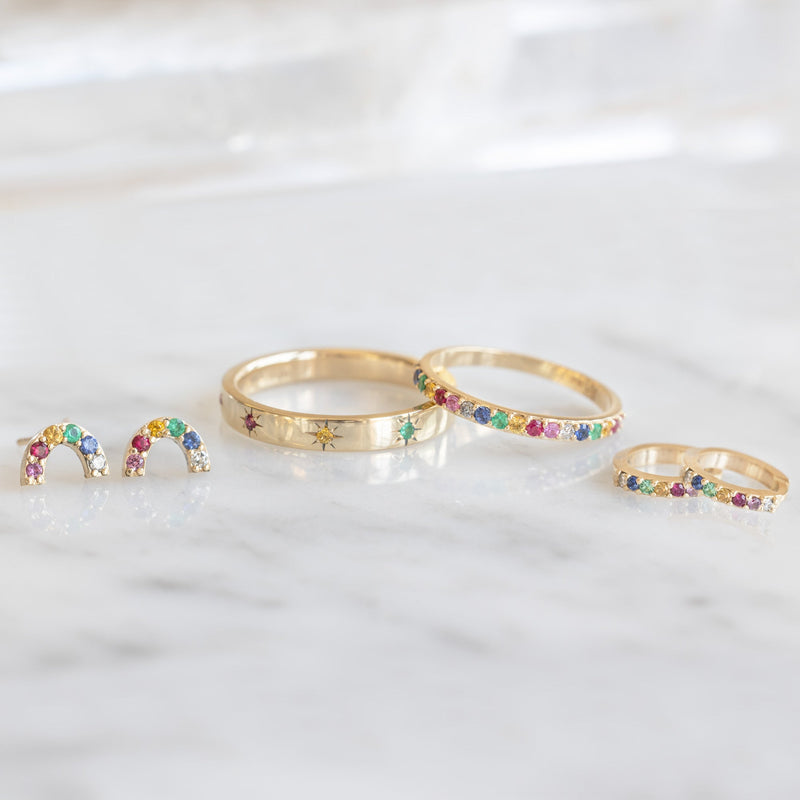 The Rainbow Sapphire Pavé Huggie Hoops | 14K Yellow Gold