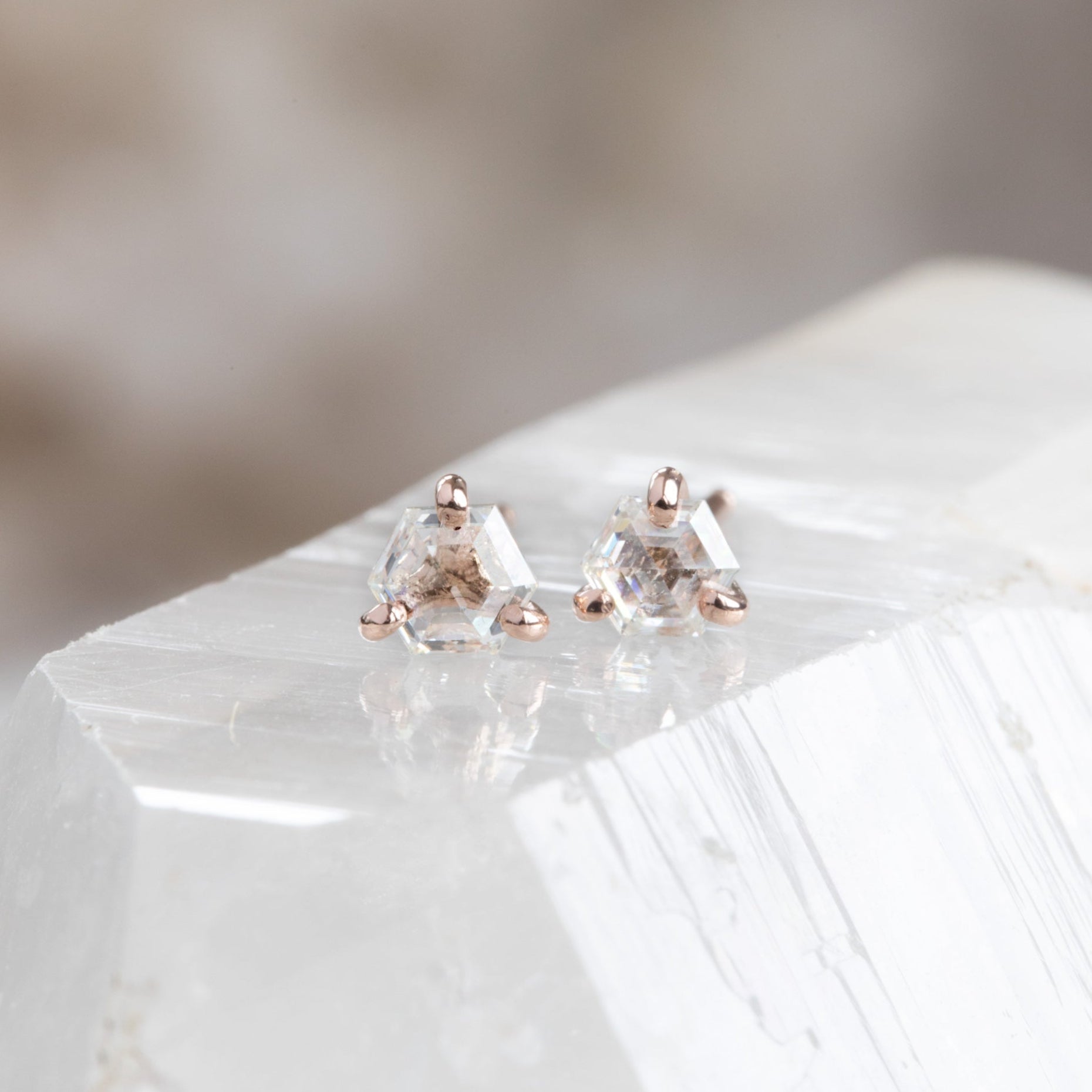 The Teensy White Diamond Hexagon Stud Earrings | 14K Rose Gold