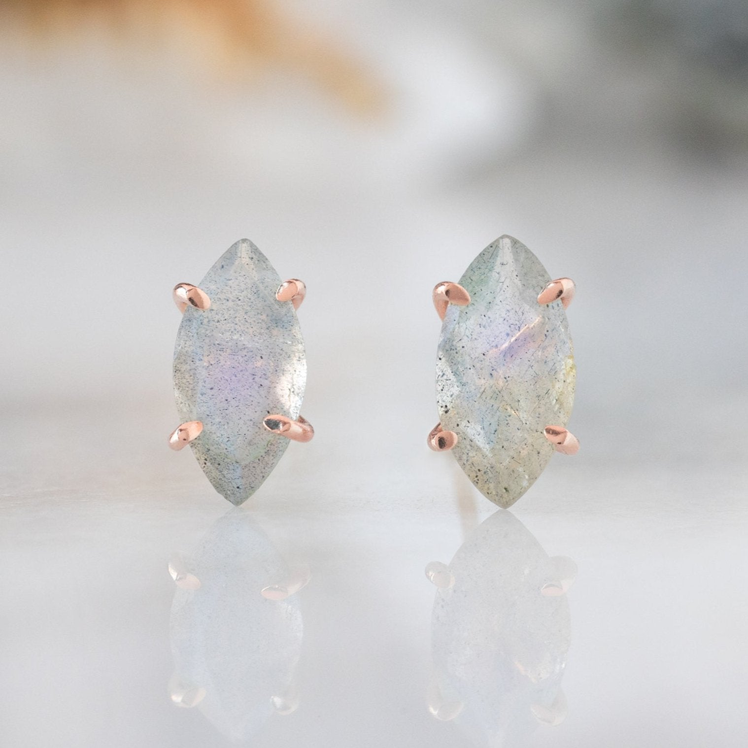 The Labradorite Marquise Stud Earrings | 14K Rose Gold